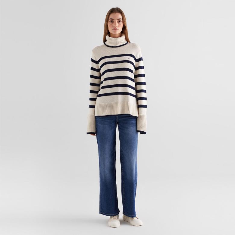 GANT Kadın Krem Oversize Fit Boğazlı Yaka Çizgili Kazak