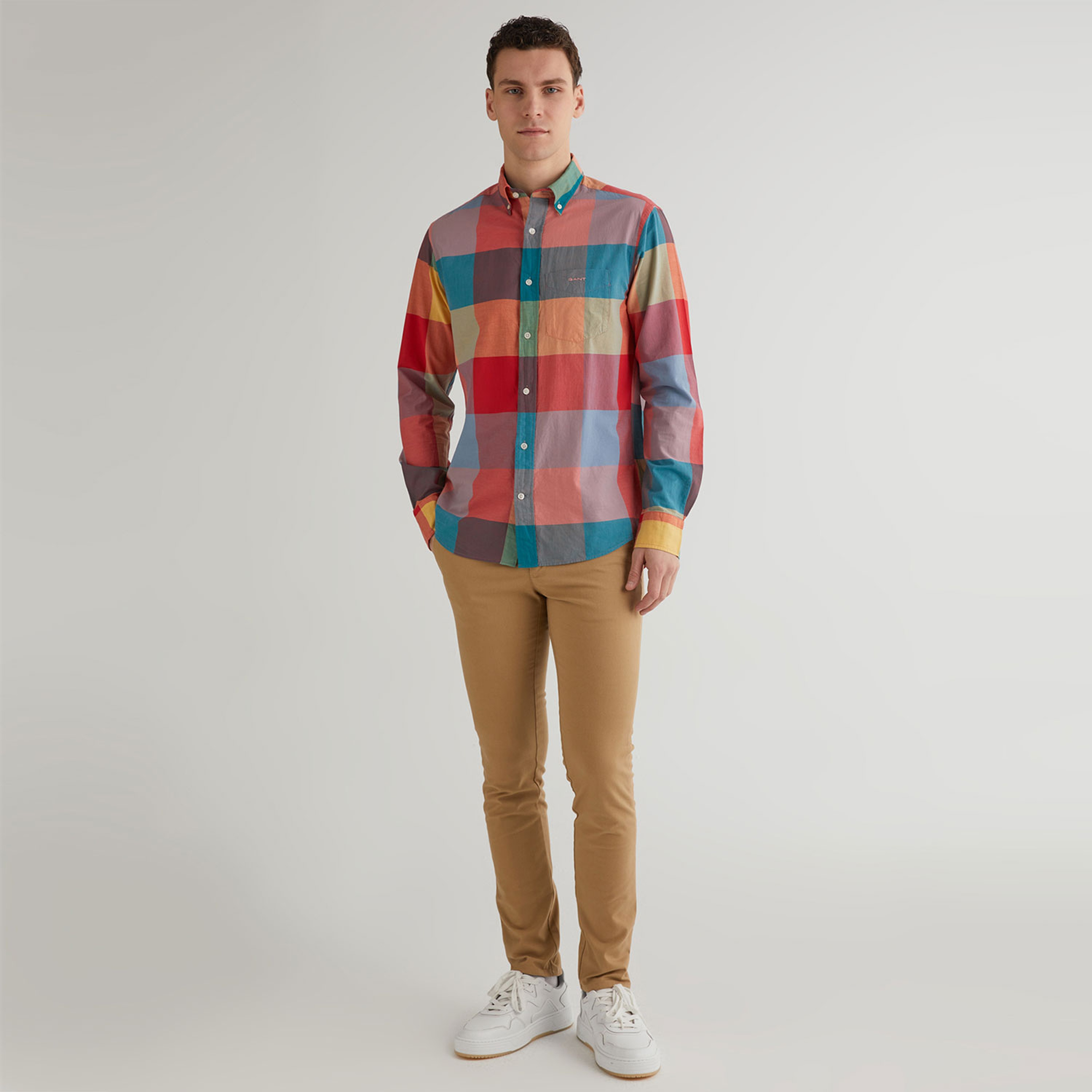 GANT Erkek Turuncu Regular Fit Düğmeli Yaka Kareli Gömlek