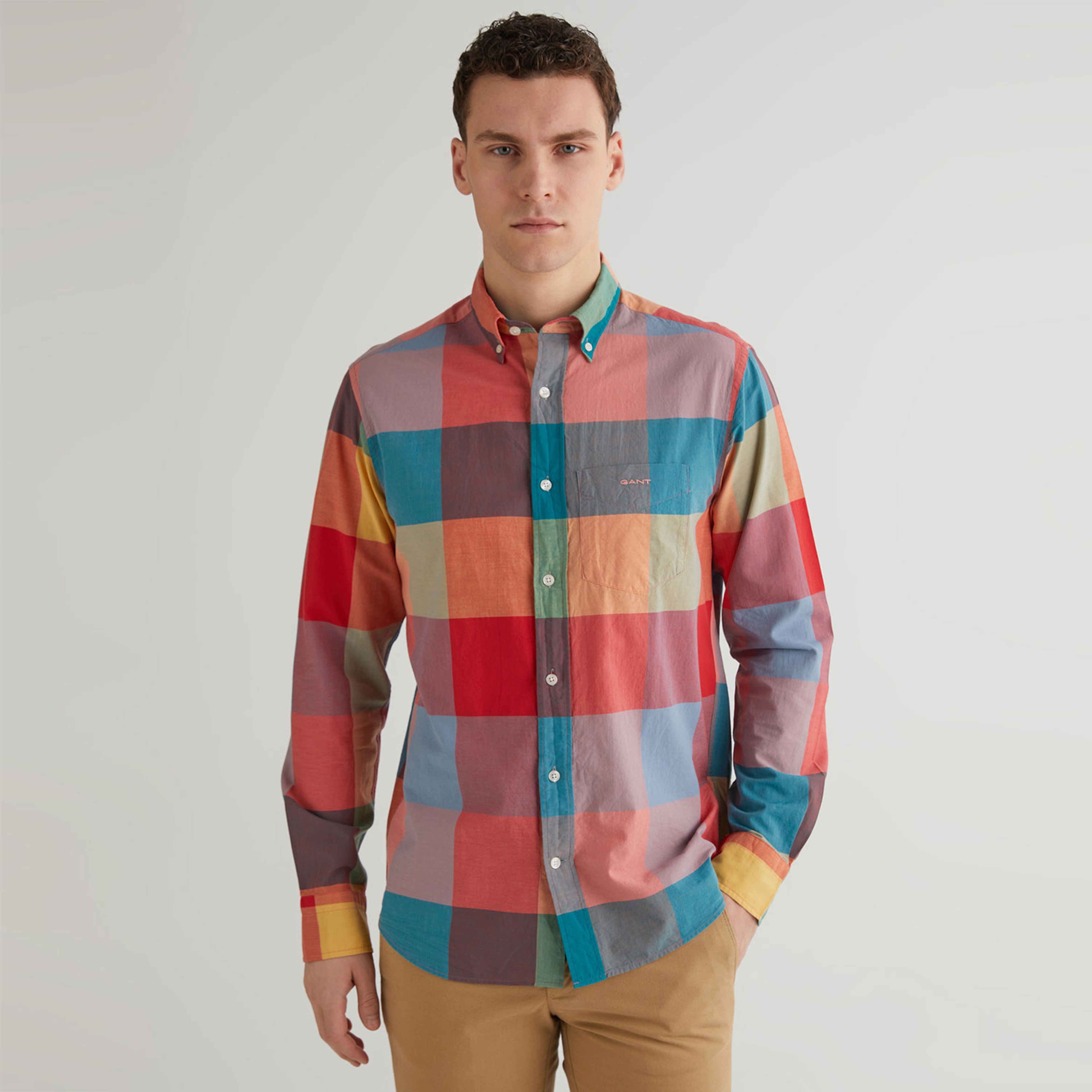 GANT Erkek Turuncu Regular Fit Düğmeli Yaka Kareli Gömlek