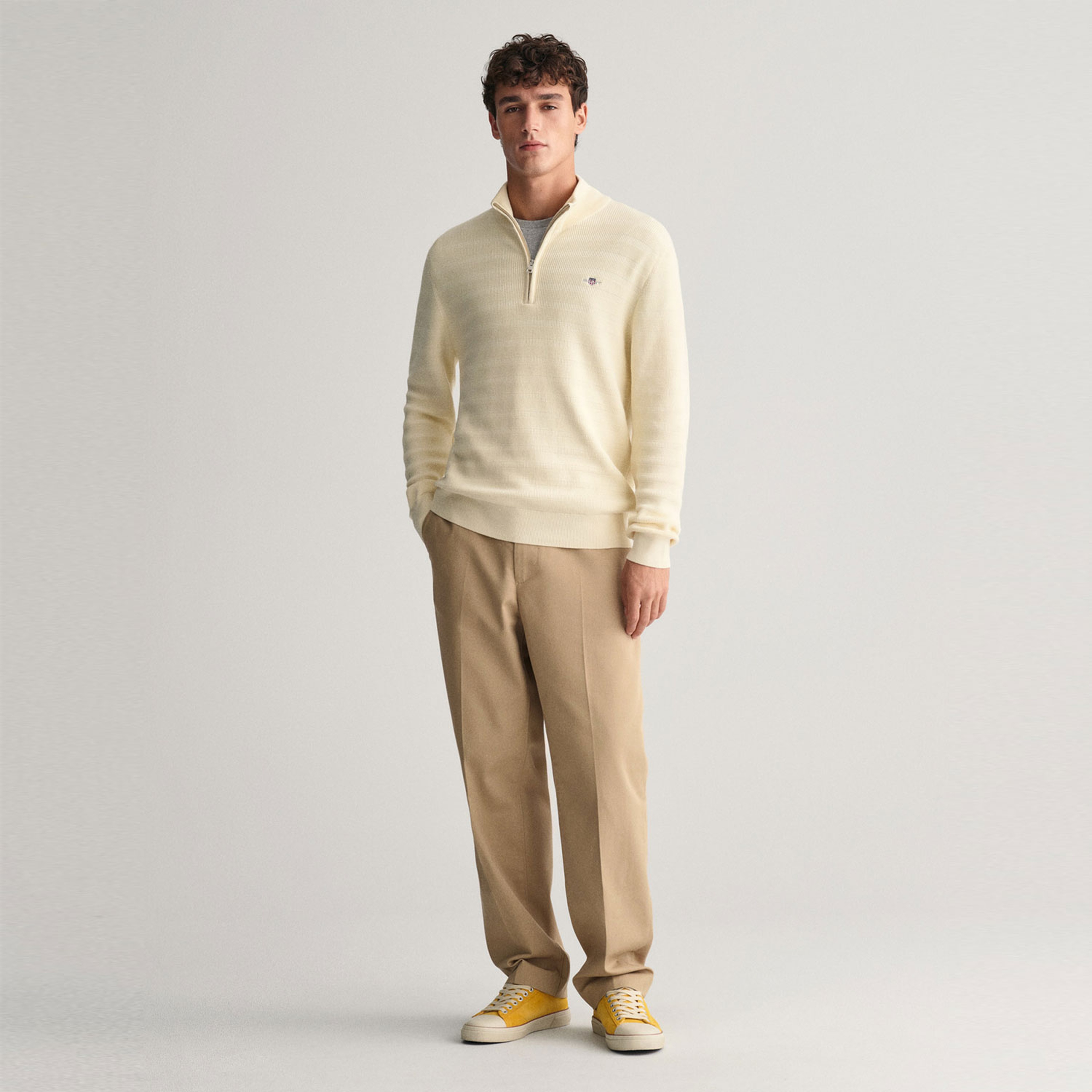 GANT Erkek Krem Regular Fit Yarım Fermuarlı Logolu Kazak