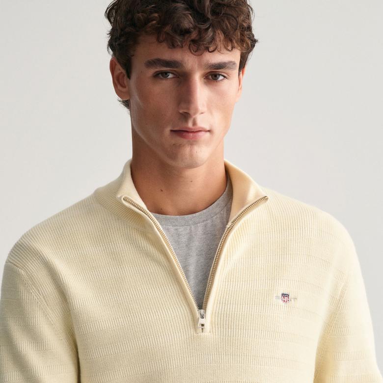 GANT Erkek Krem Regular Fit Yarım Fermuarlı Logolu Kazak