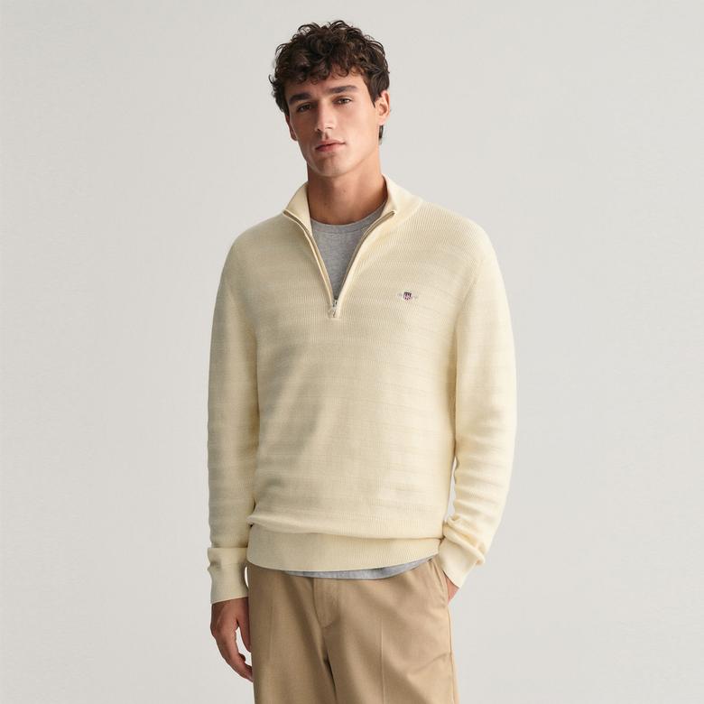 GANT Erkek Krem Regular Fit Yarım Fermuarlı Logolu Kazak