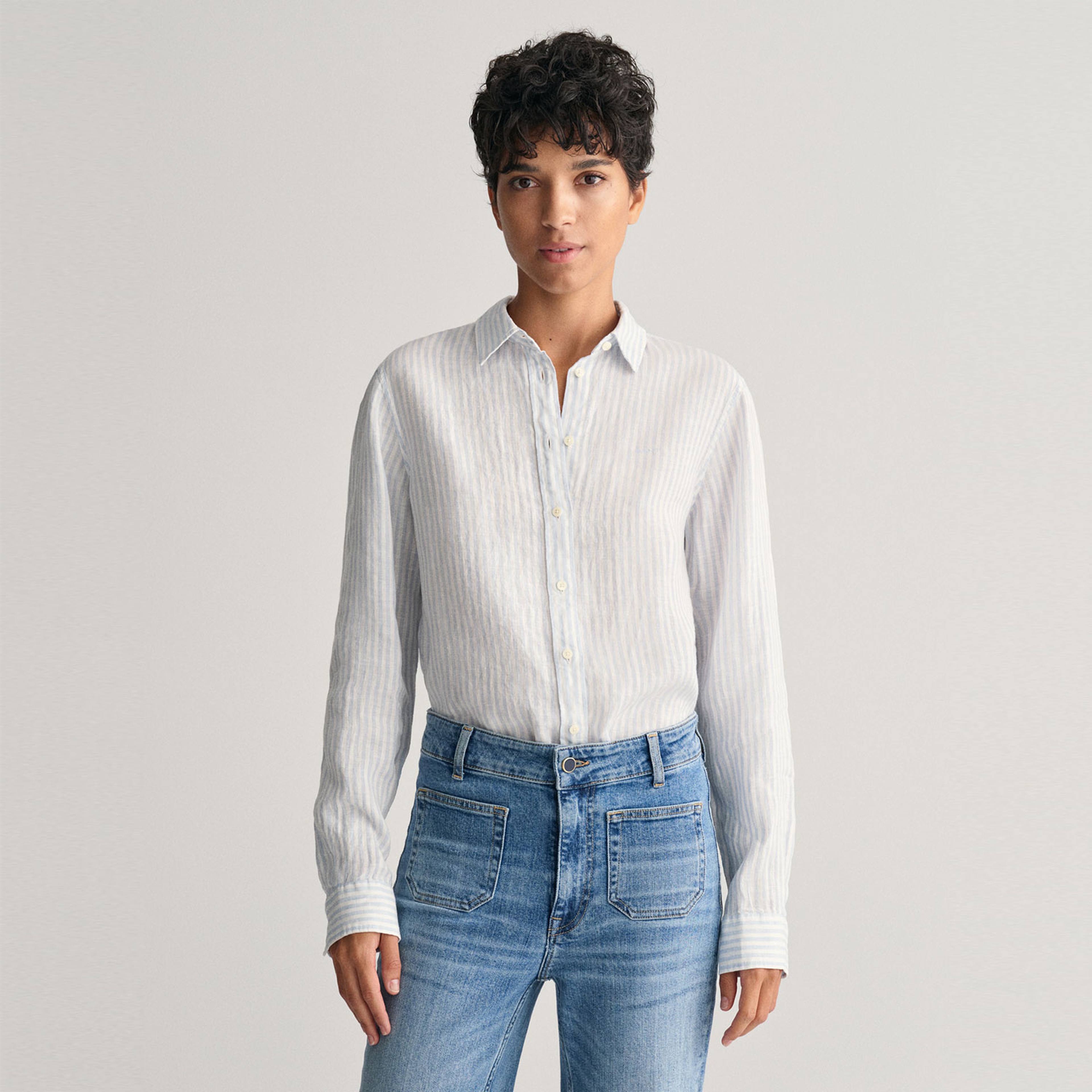 GANT Kadın Mavi Regular Fit Klasik Yaka Çizgili Keten Gömlek
