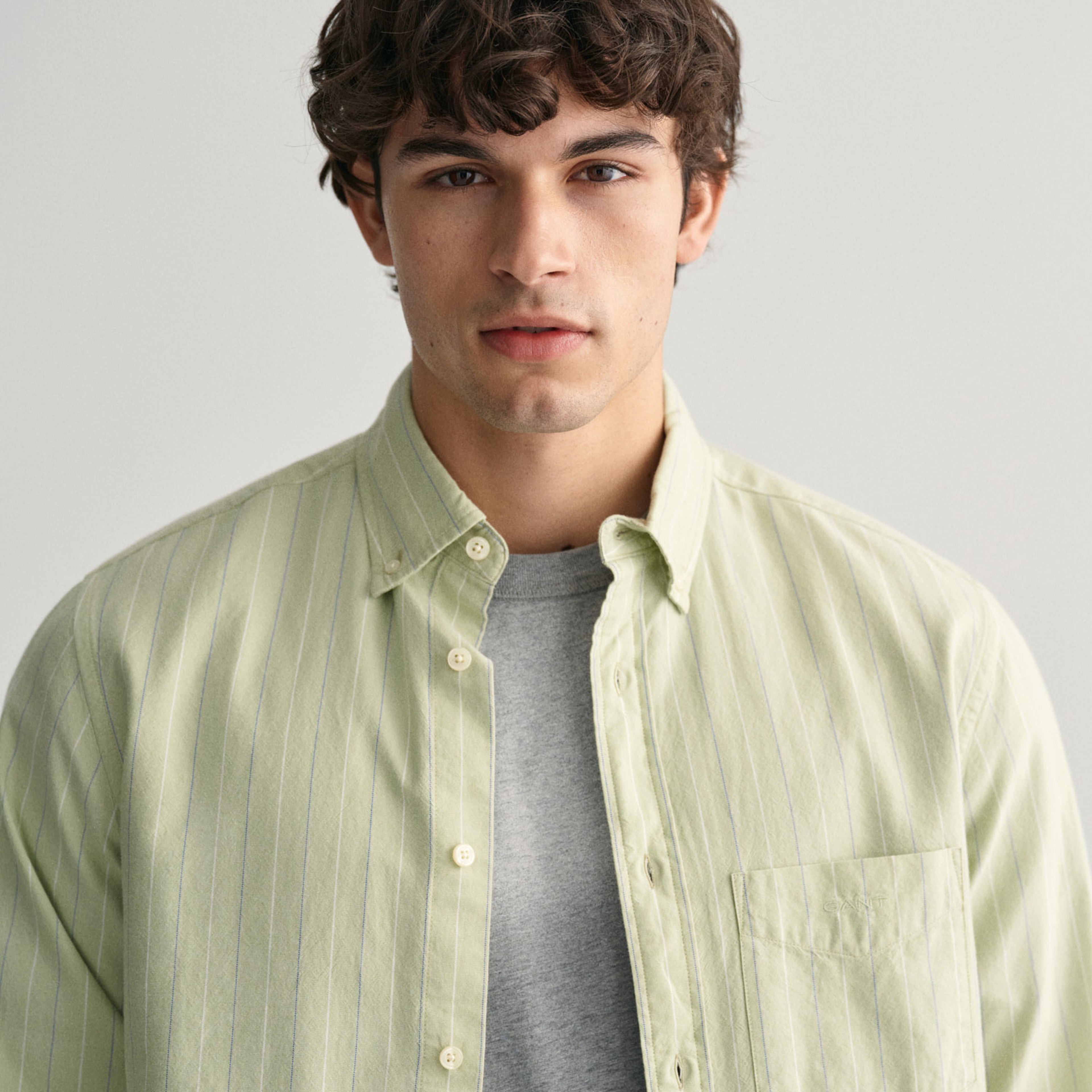 GANT Erkek Yeşil Regular Fit Düğmeli Yaka Çizgili Oxford Gömlek