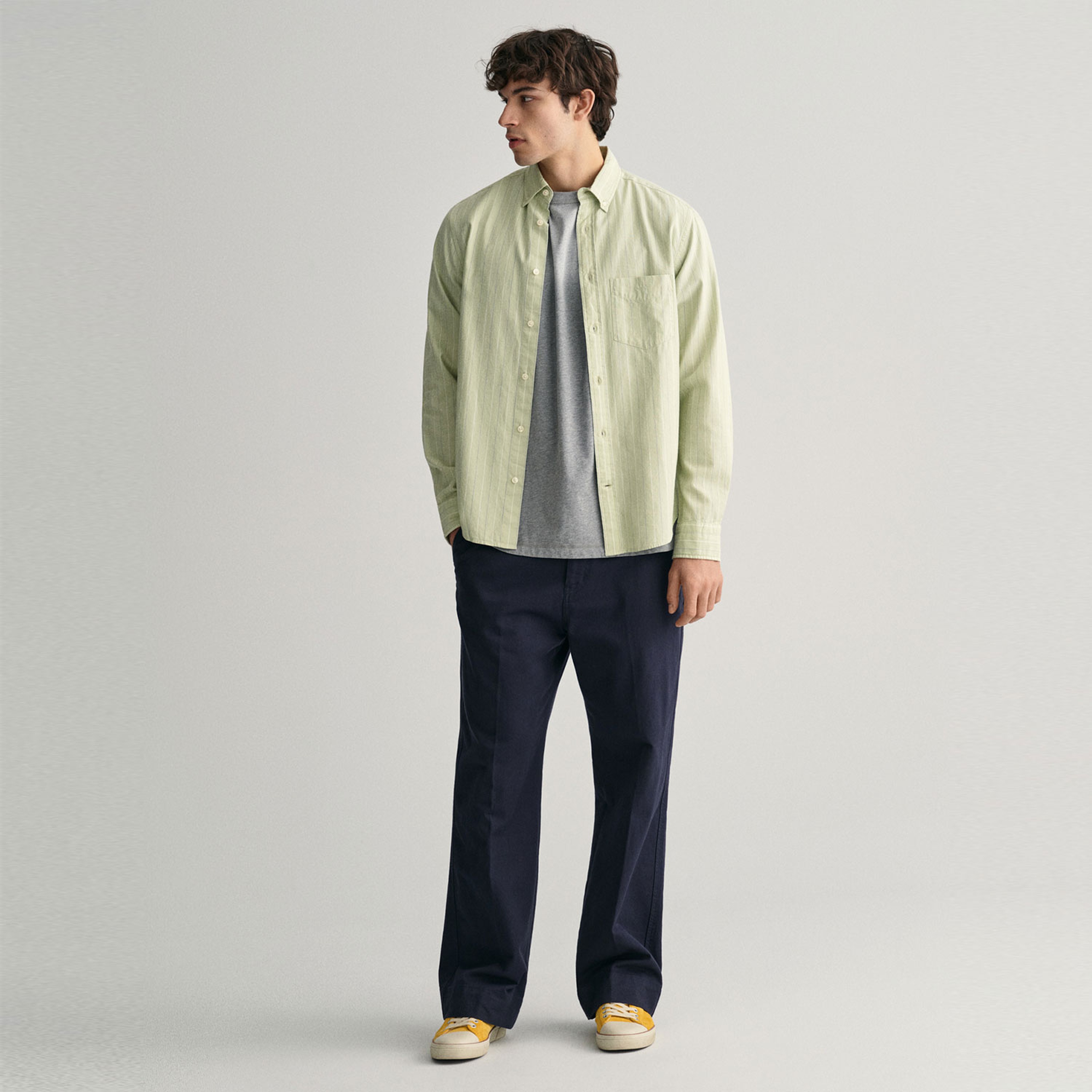 GANT Erkek Yeşil Regular Fit Düğmeli Yaka Çizgili Oxford Gömlek