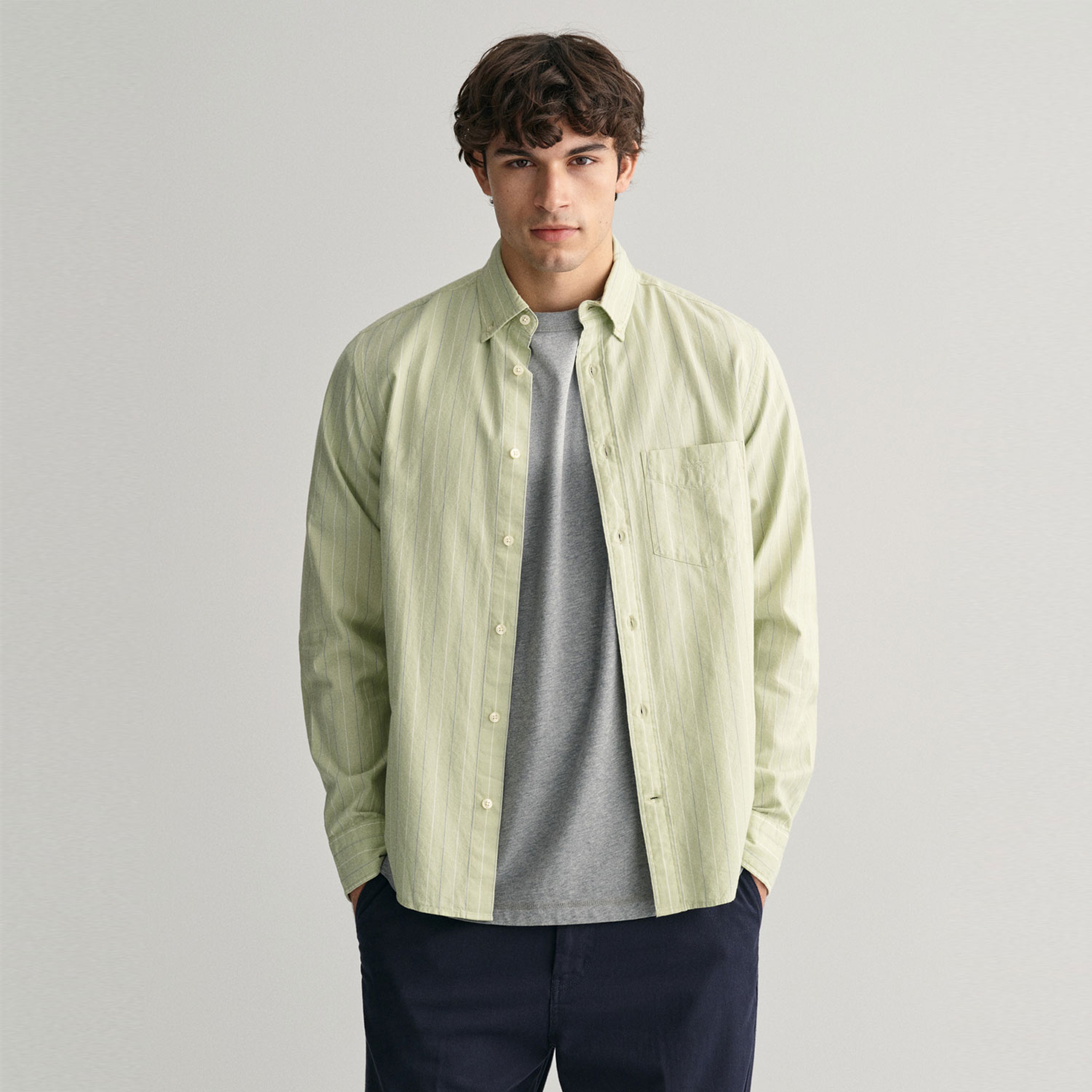 GANT Erkek Yeşil Regular Fit Düğmeli Yaka Çizgili Oxford Gömlek