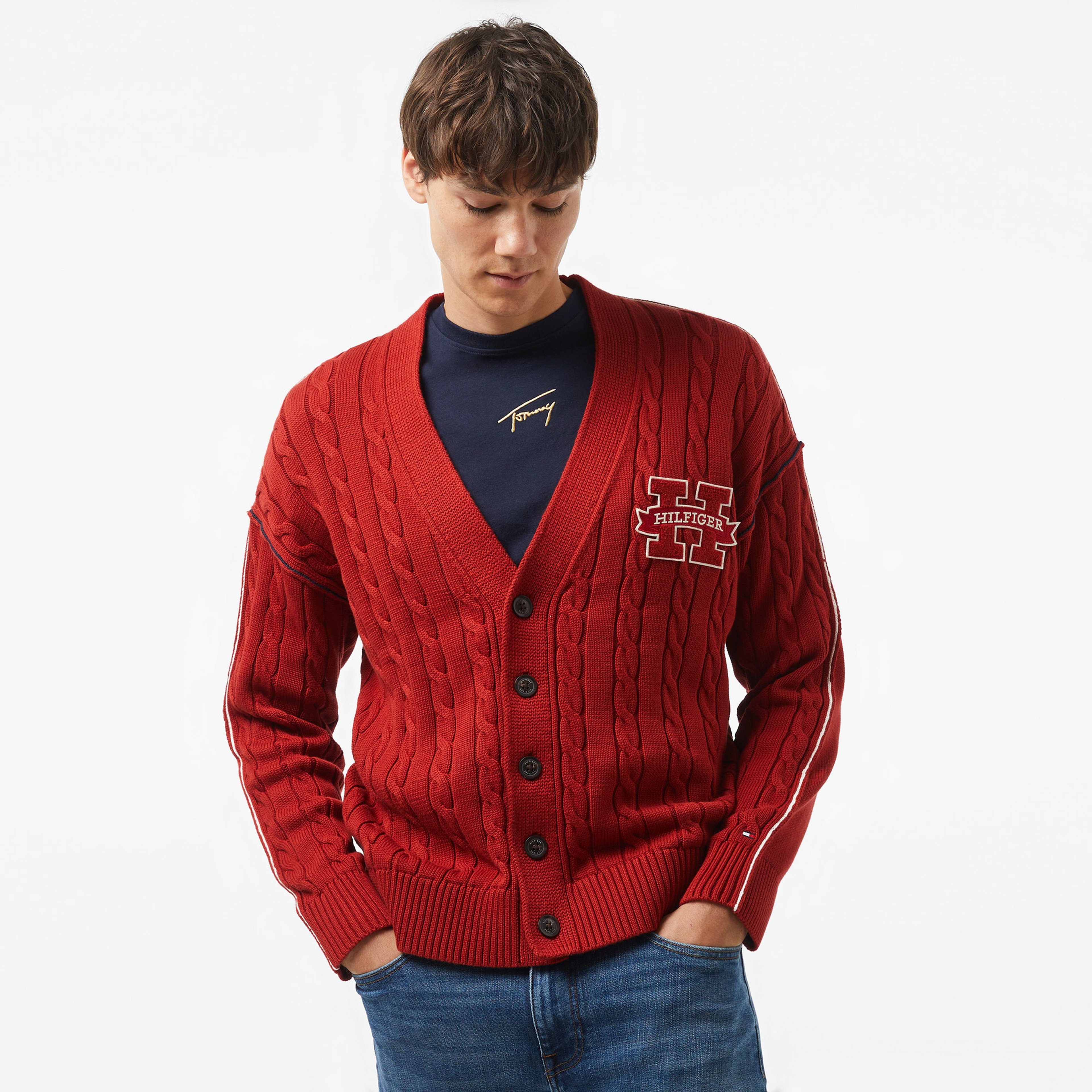 Tommy Hilfiger Contrast Cable Erkek Kırmızı Hırka
