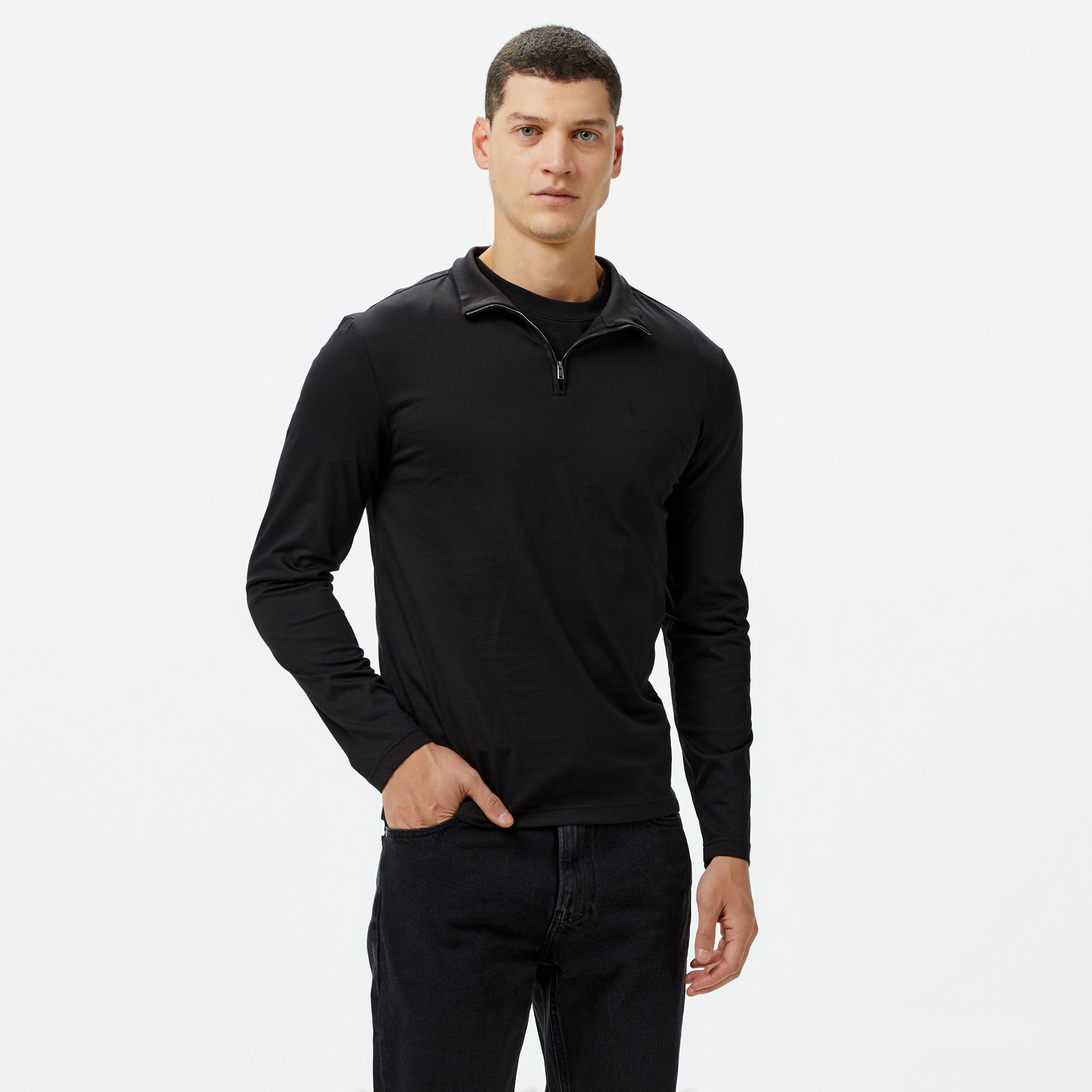 Calvin Klein Smooth Cotton Zip Up Erkek Siyah Kazak