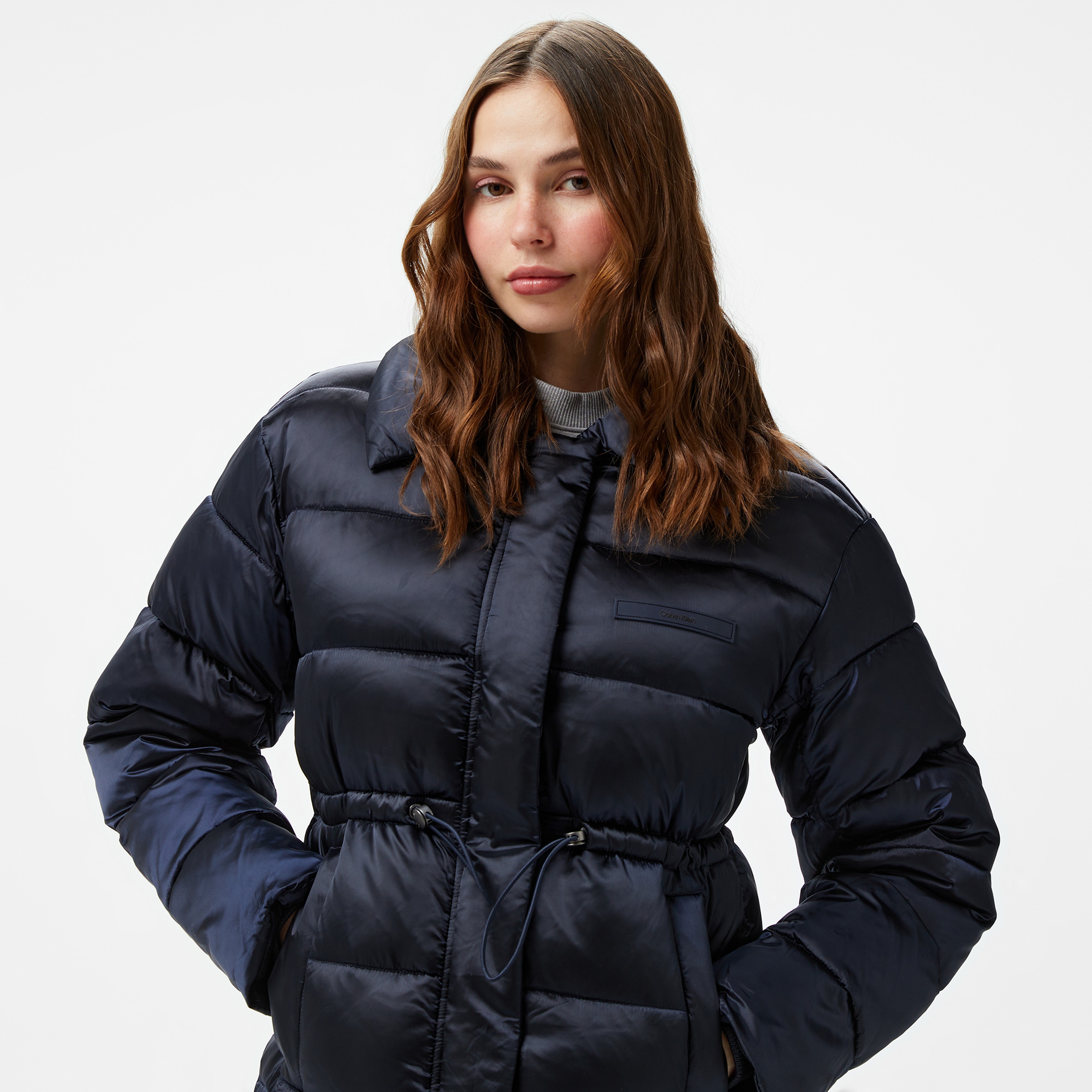 Calvin Klein Padded Satın Drawstringjacket Kadın Lacivert Mont