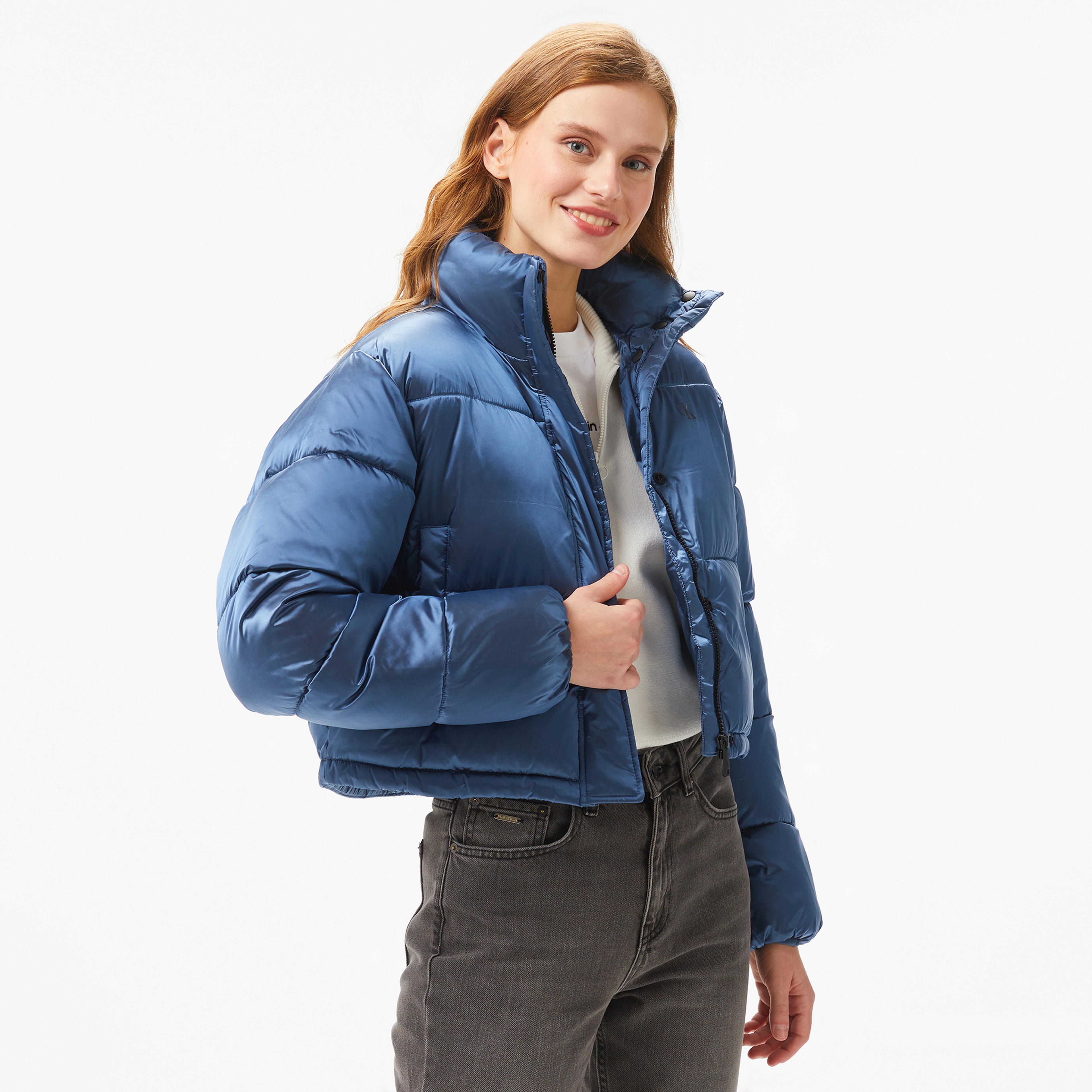 Calvin Klein Jeans Shiny Cropped Puffer Kadın Mavi Mont