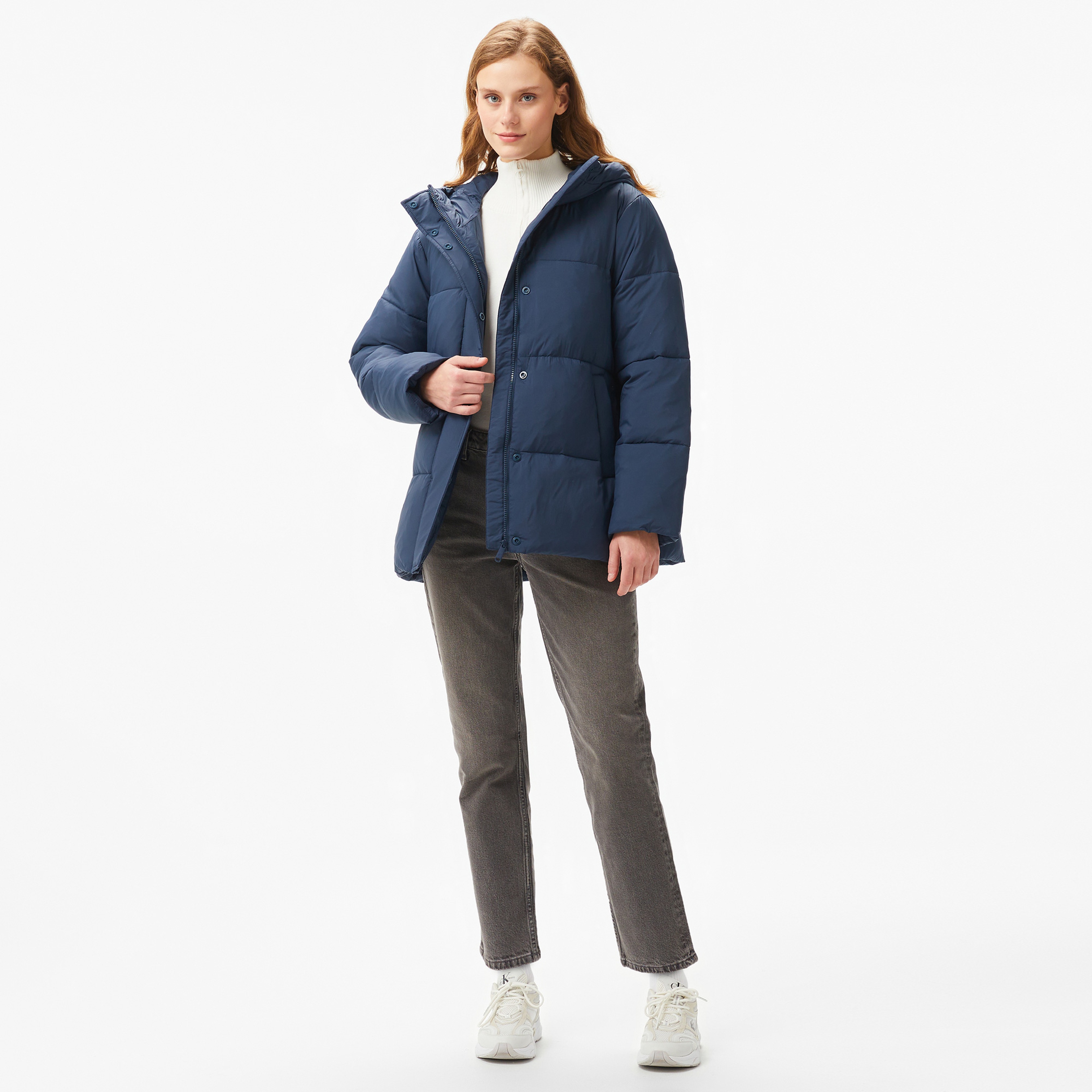 Calvin Klein Jeans Logo Belt Short Puffer Kadın Lacivert Mont