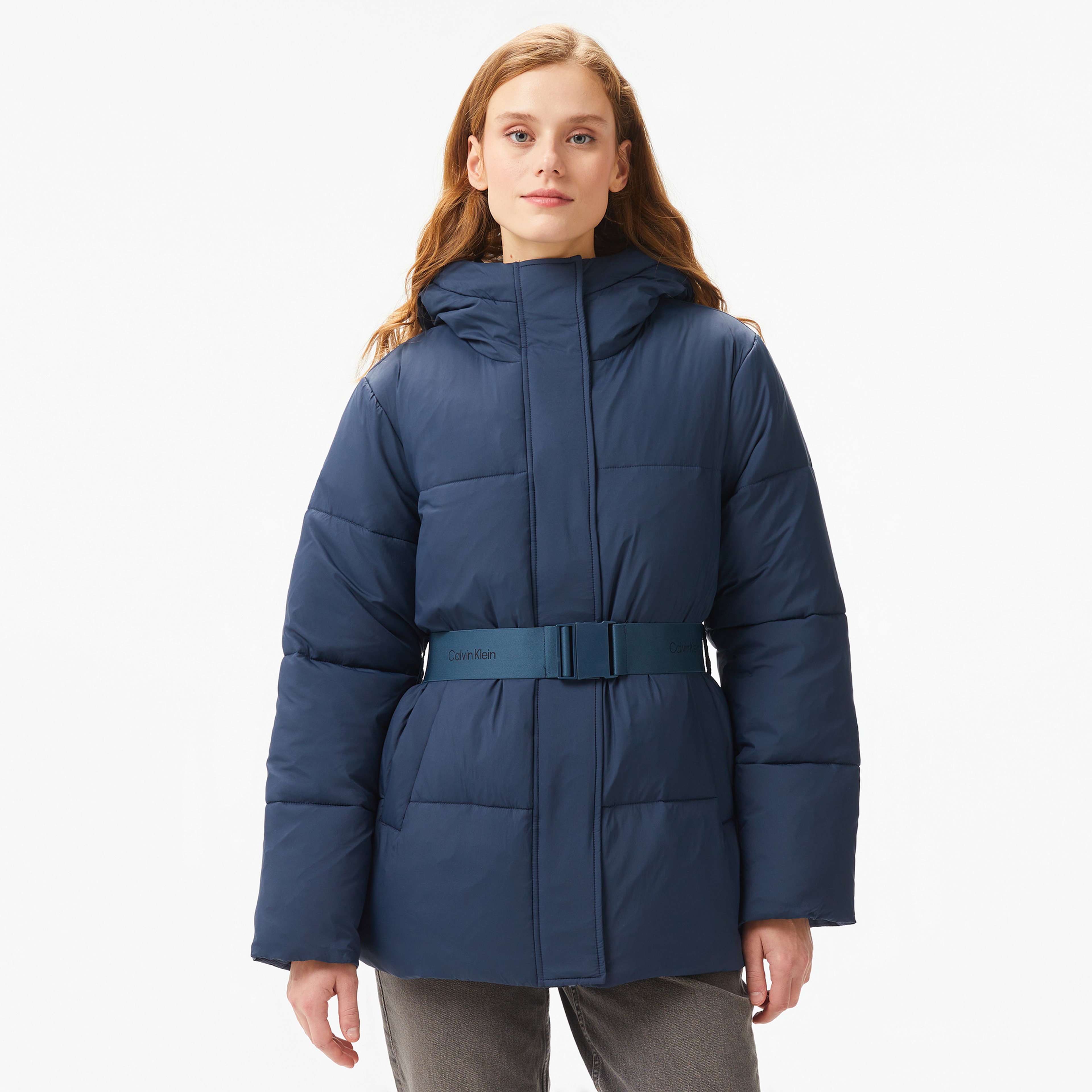 Calvin Klein Jeans Logo Belt Short Puffer Kadın Lacivert Mont