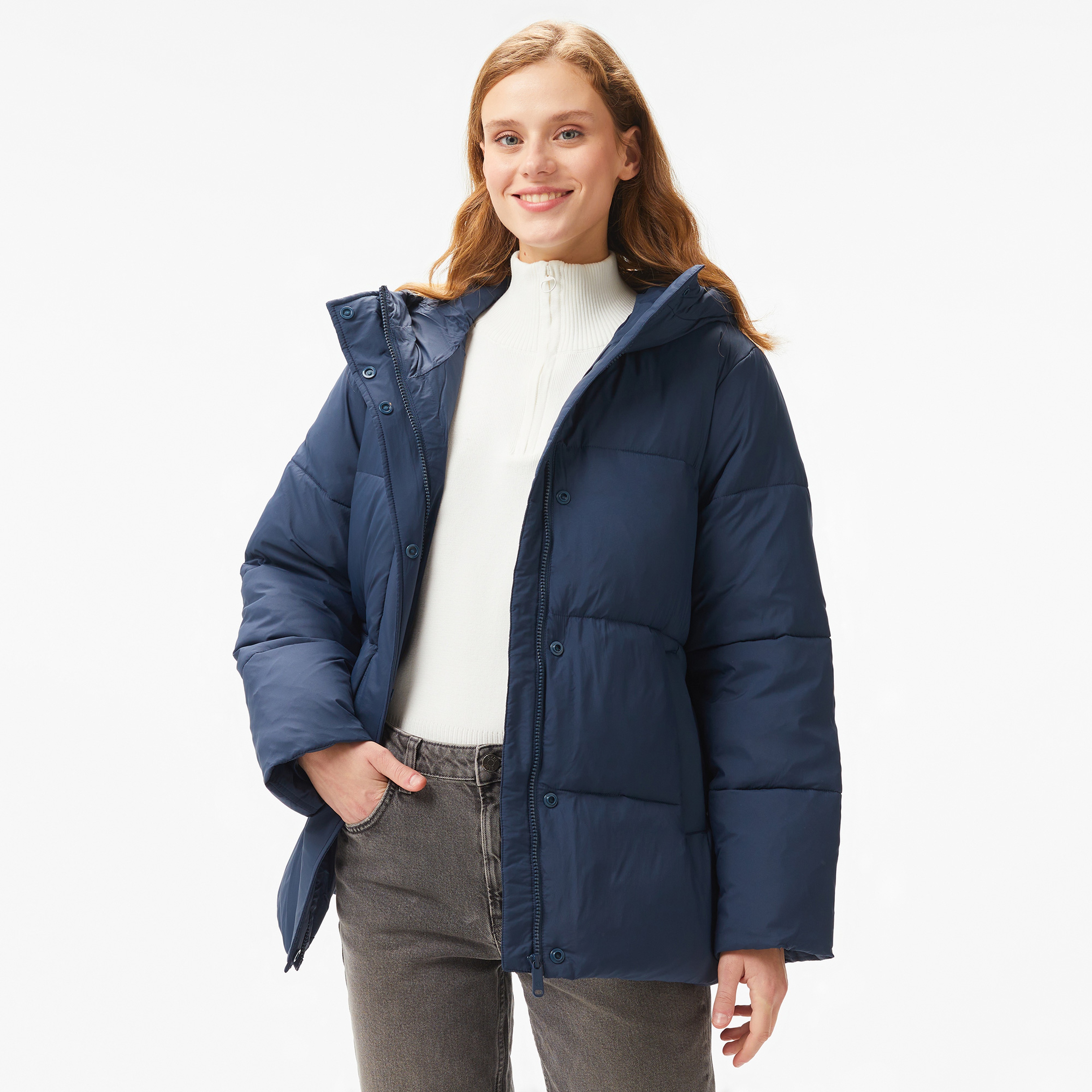 Calvin Klein Jeans Logo Belt Short Puffer Kadın Lacivert Mont