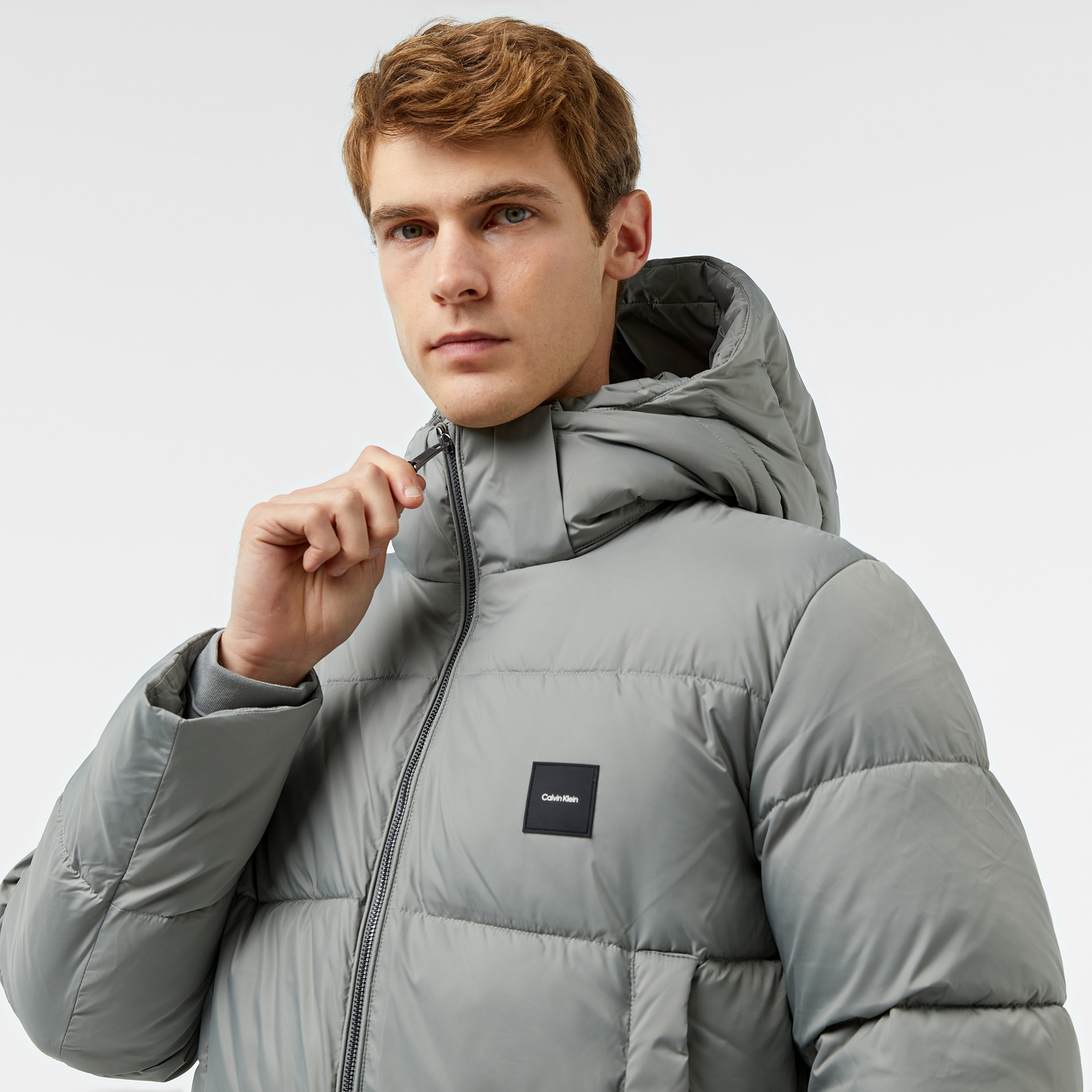 Calvin Klein Hooded Quilt Puffer Erkek Gri Mont