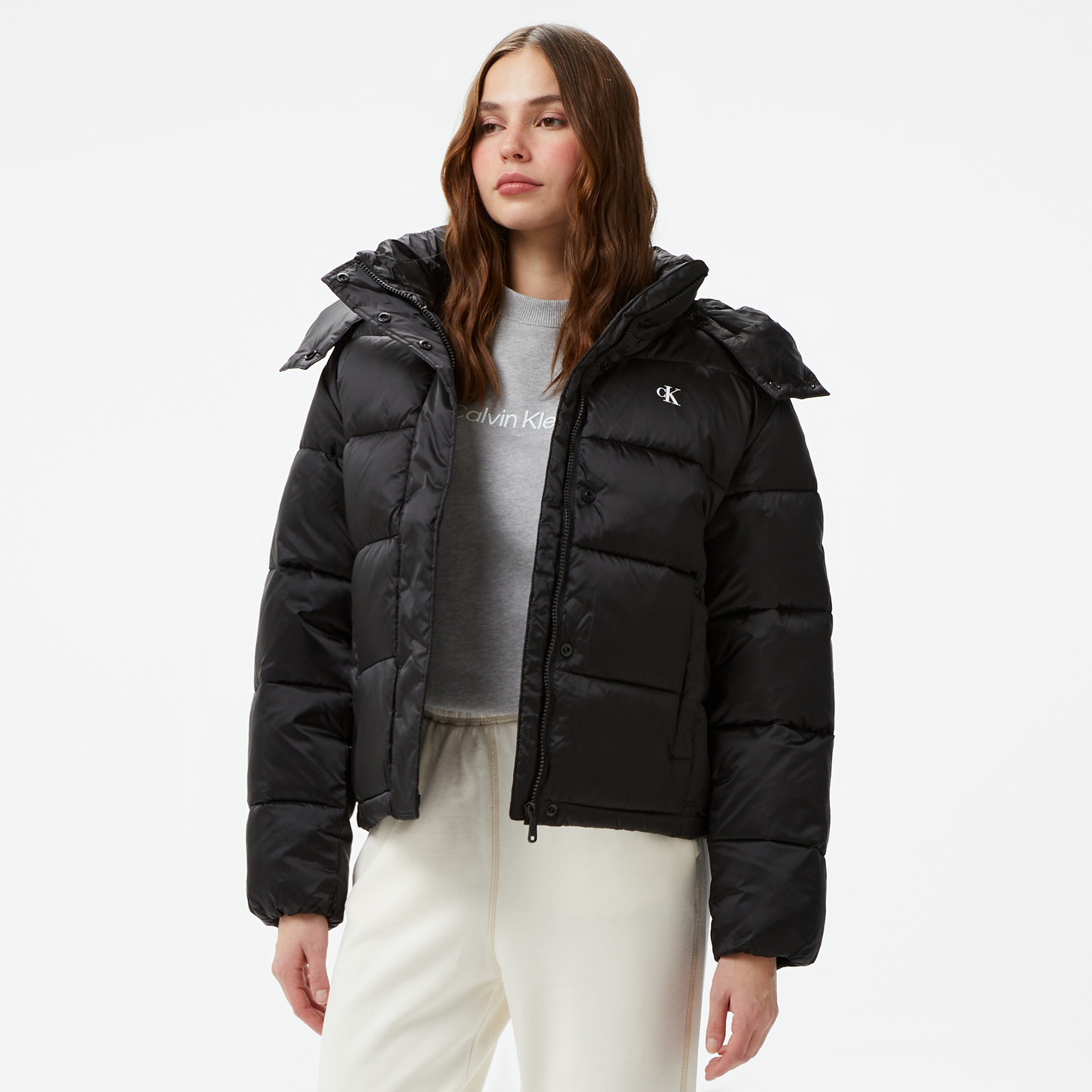Calvin Klein Jeans Shiny Monologo Nd Short Puffer Kadın Siyah Mont