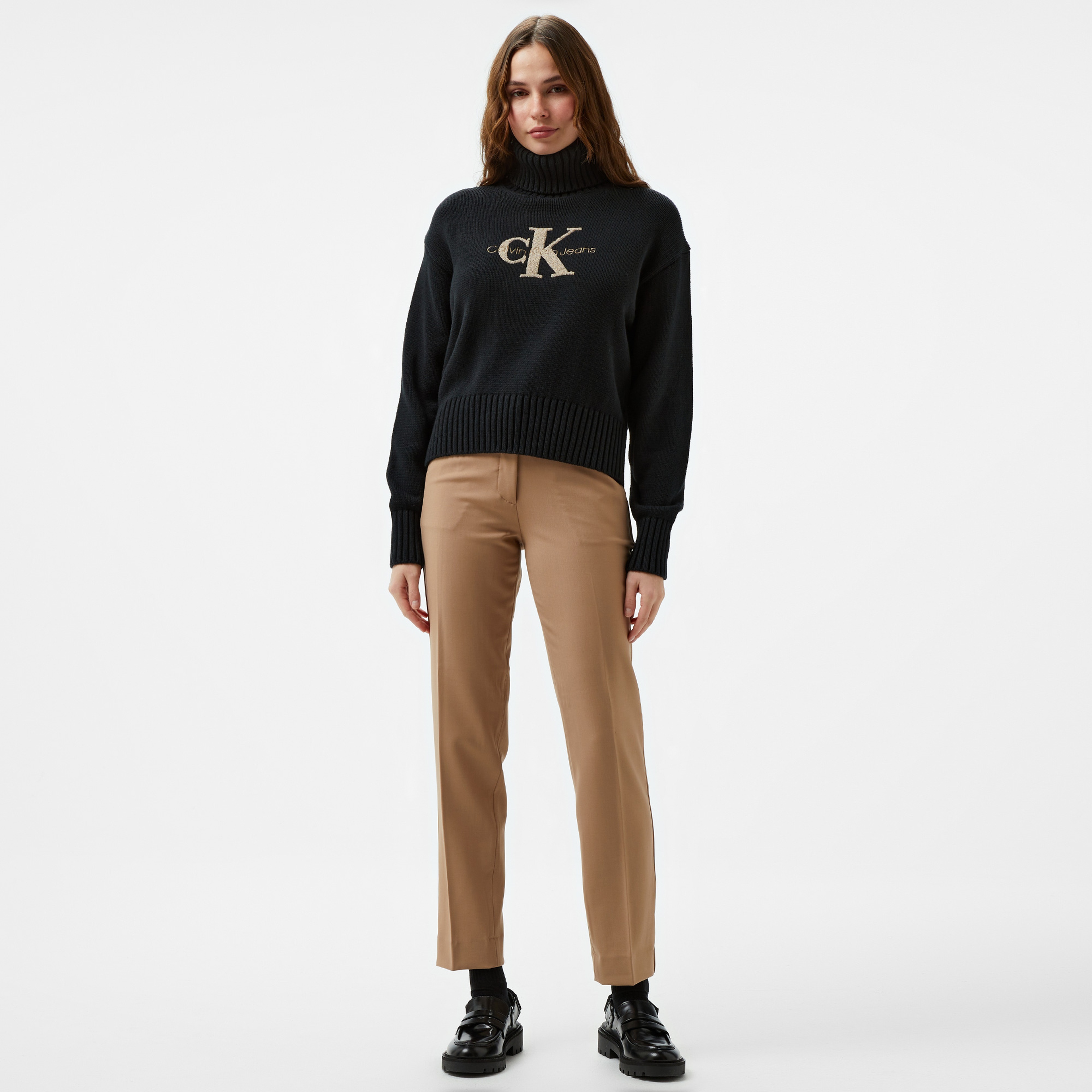 Calvin Klein Stretch Wool Slim Tapered Leg Kadın Kahverengi Pantolon