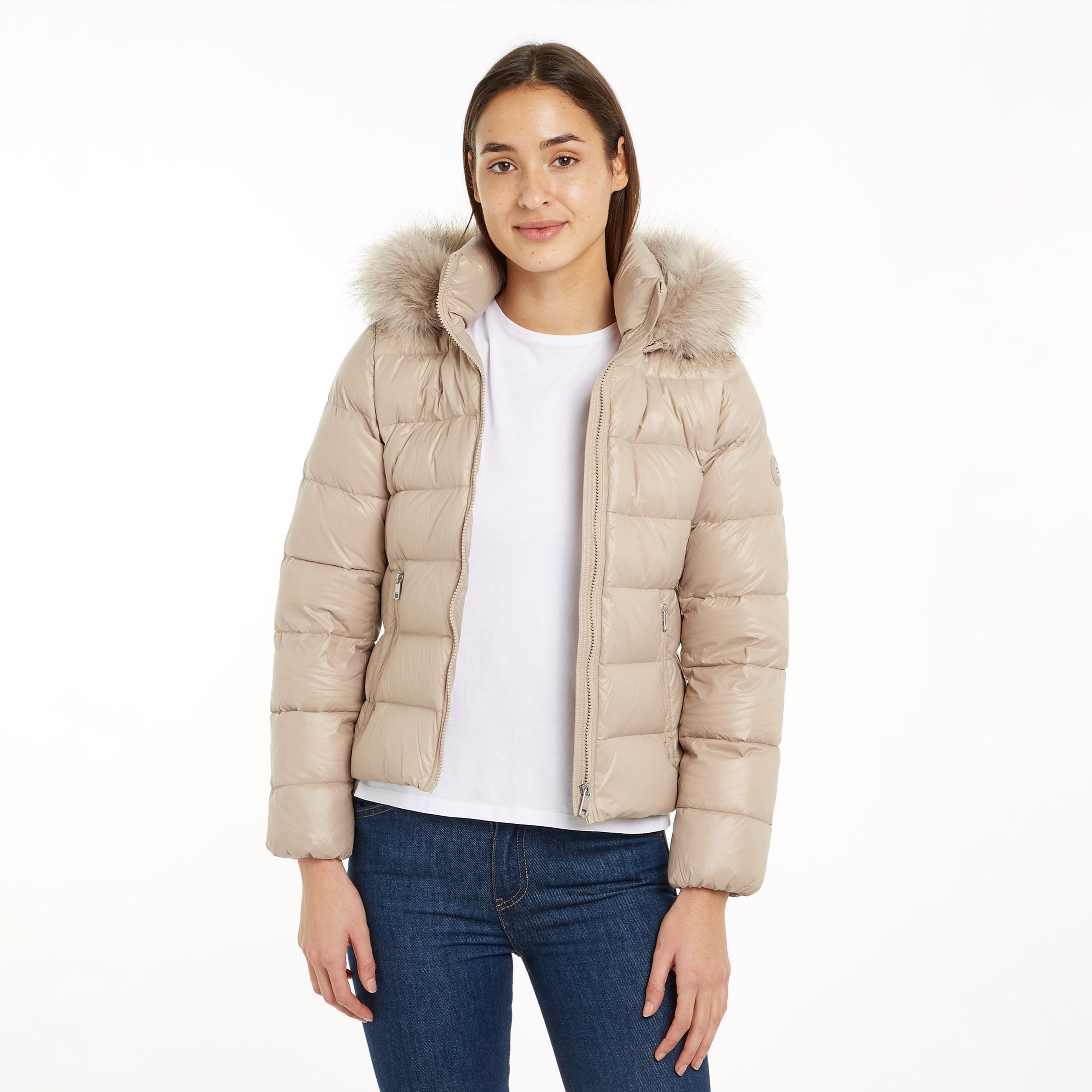 Tommy Hilfiger Gloss Down Tyra With Fur Kadın Bej Ceket
