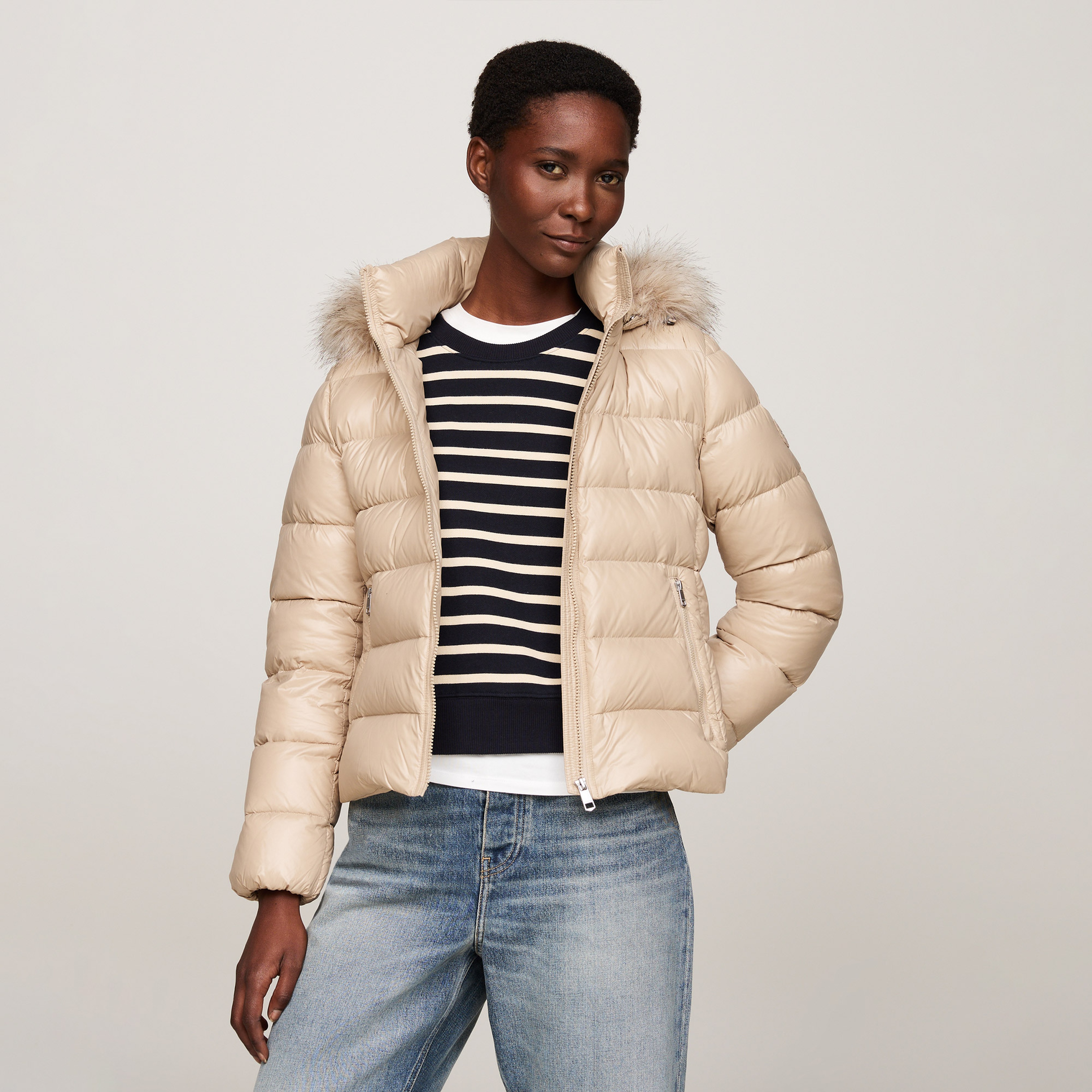 Tommy Hilfiger Gloss Down Tyra With Fur Kadın Bej Ceket