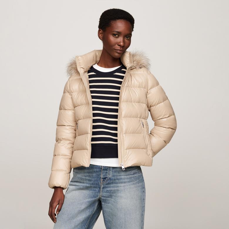 Tommy Hilfiger Gloss Down Tyra With Fur Kadın Bej Ceket
