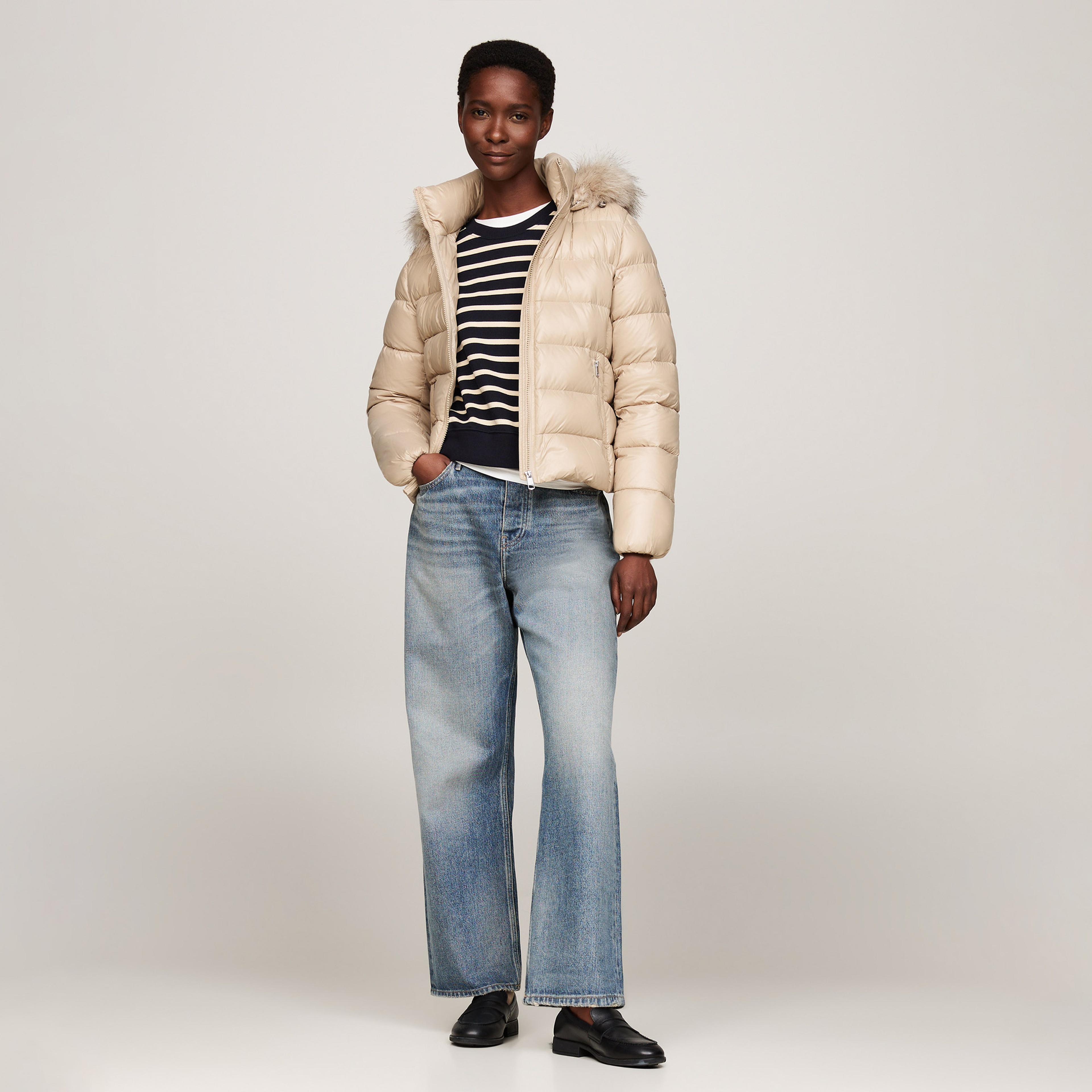 Tommy Hilfiger Gloss Down Tyra With Fur Kadın Bej Ceket