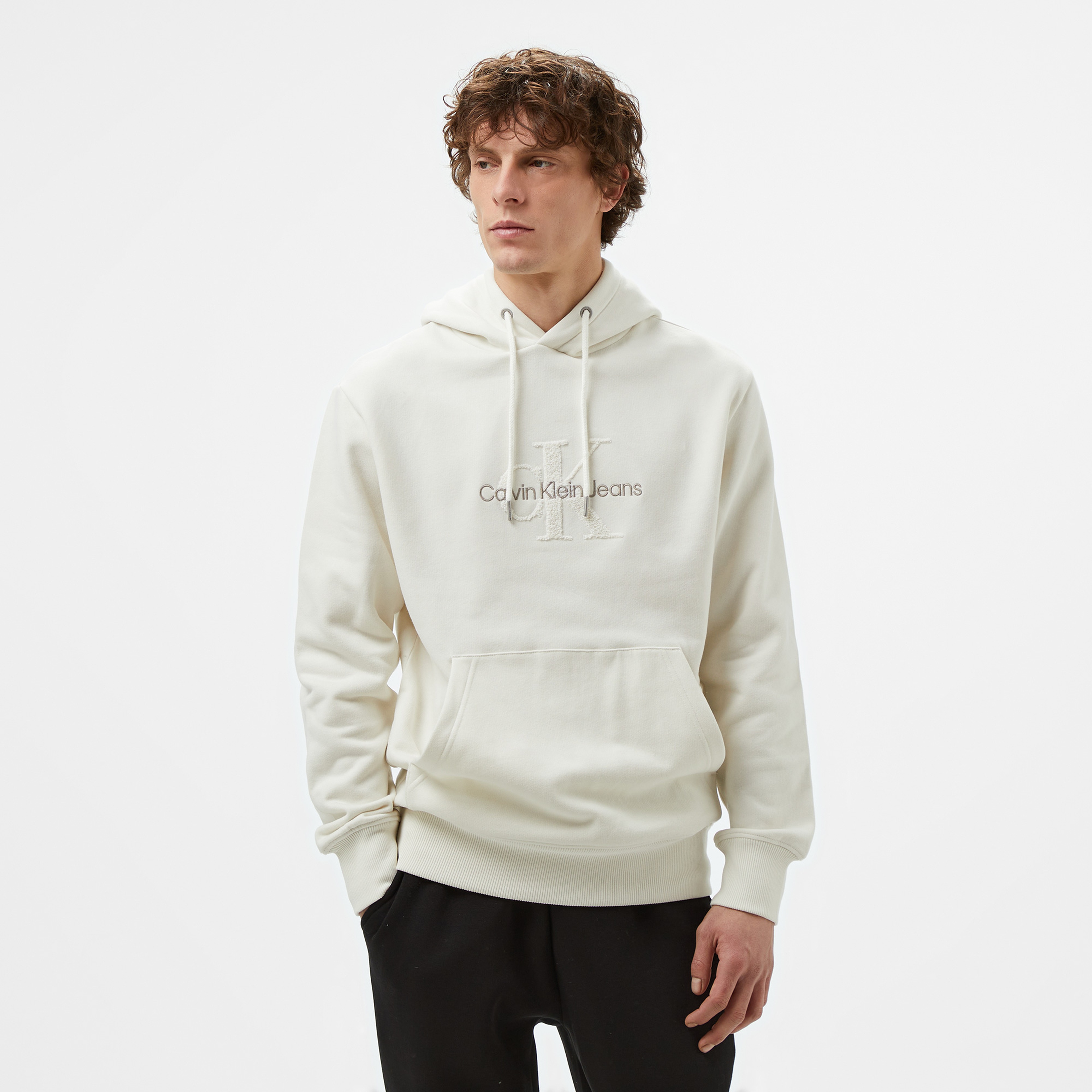 Calvin Klein Jeans Chenılle Monologo Erkek Beyaz Hoodie