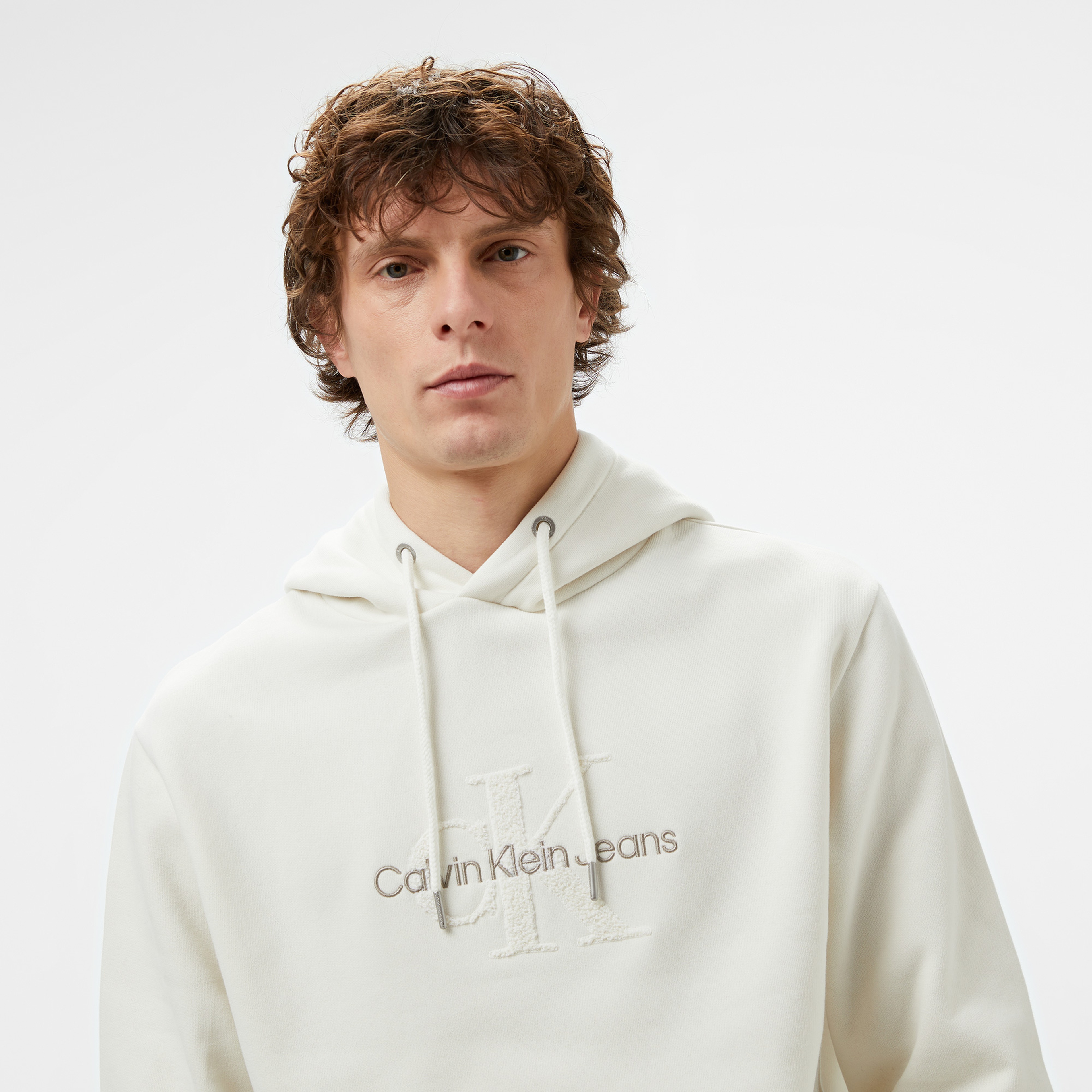 Calvin Klein Jeans Chenılle Monologo Erkek Beyaz Hoodie