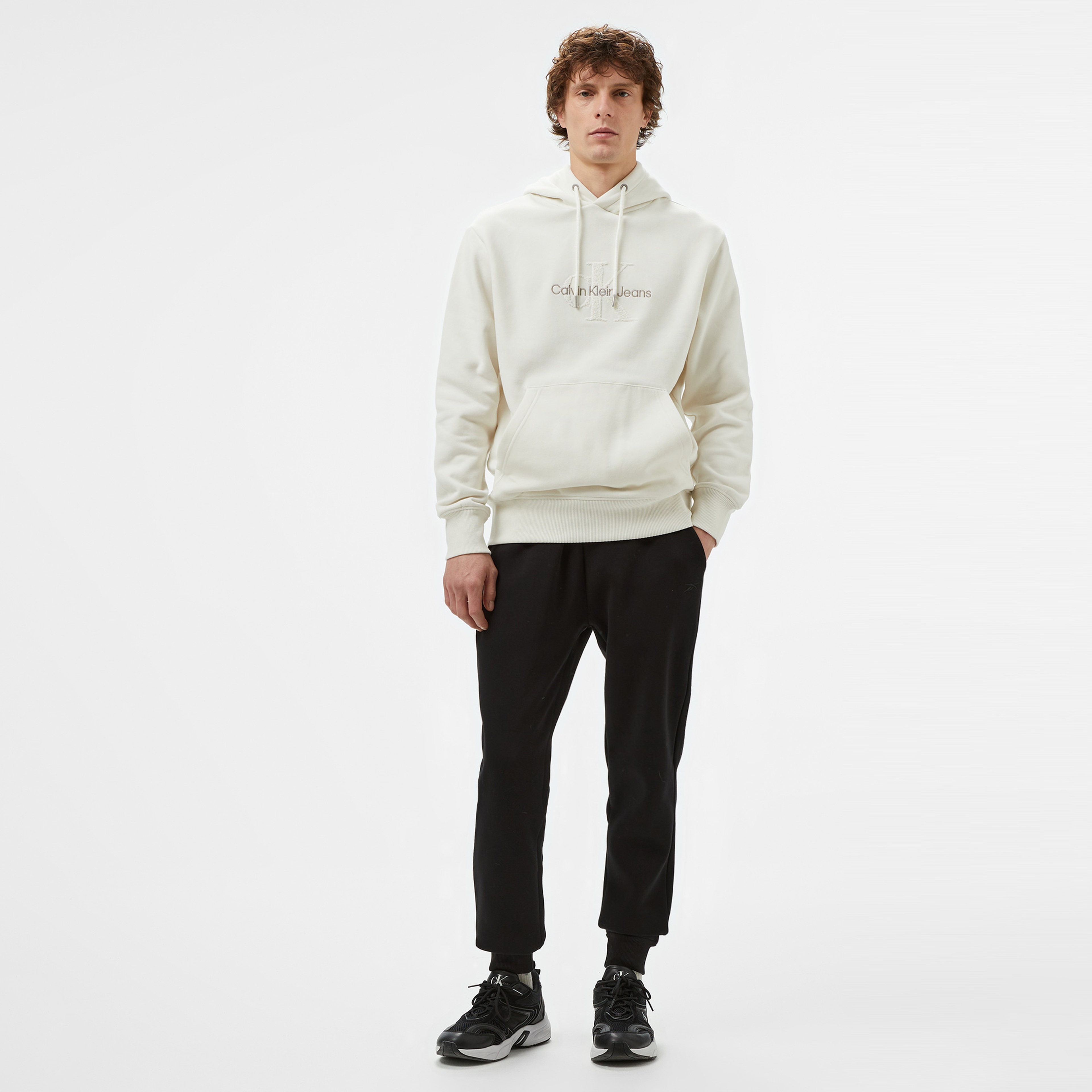 Calvin Klein Jeans Chenılle Monologo Erkek Beyaz Hoodie