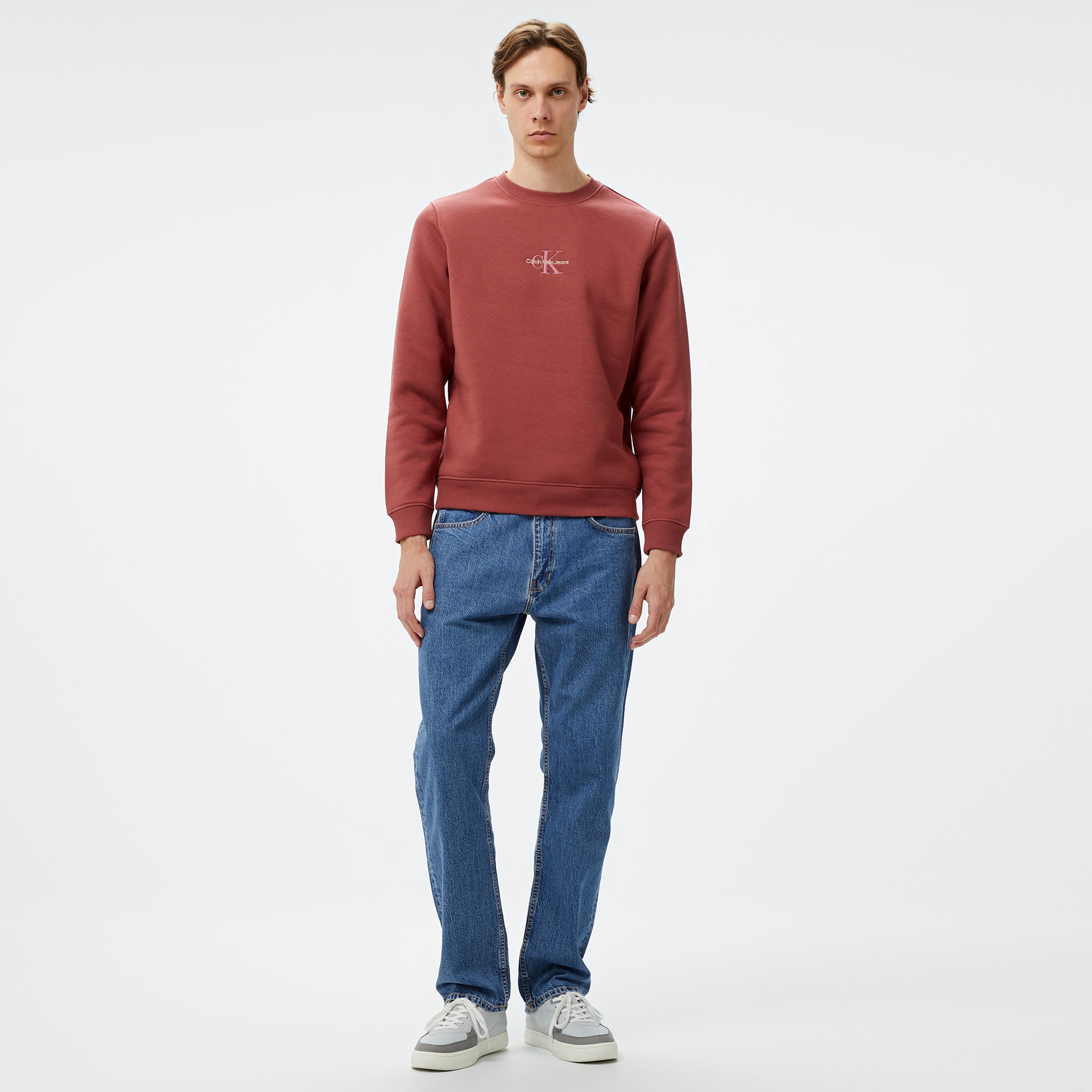 Calvin Klein Jeans Monologo Crew Neck Erkek Bordo Sweatshirt