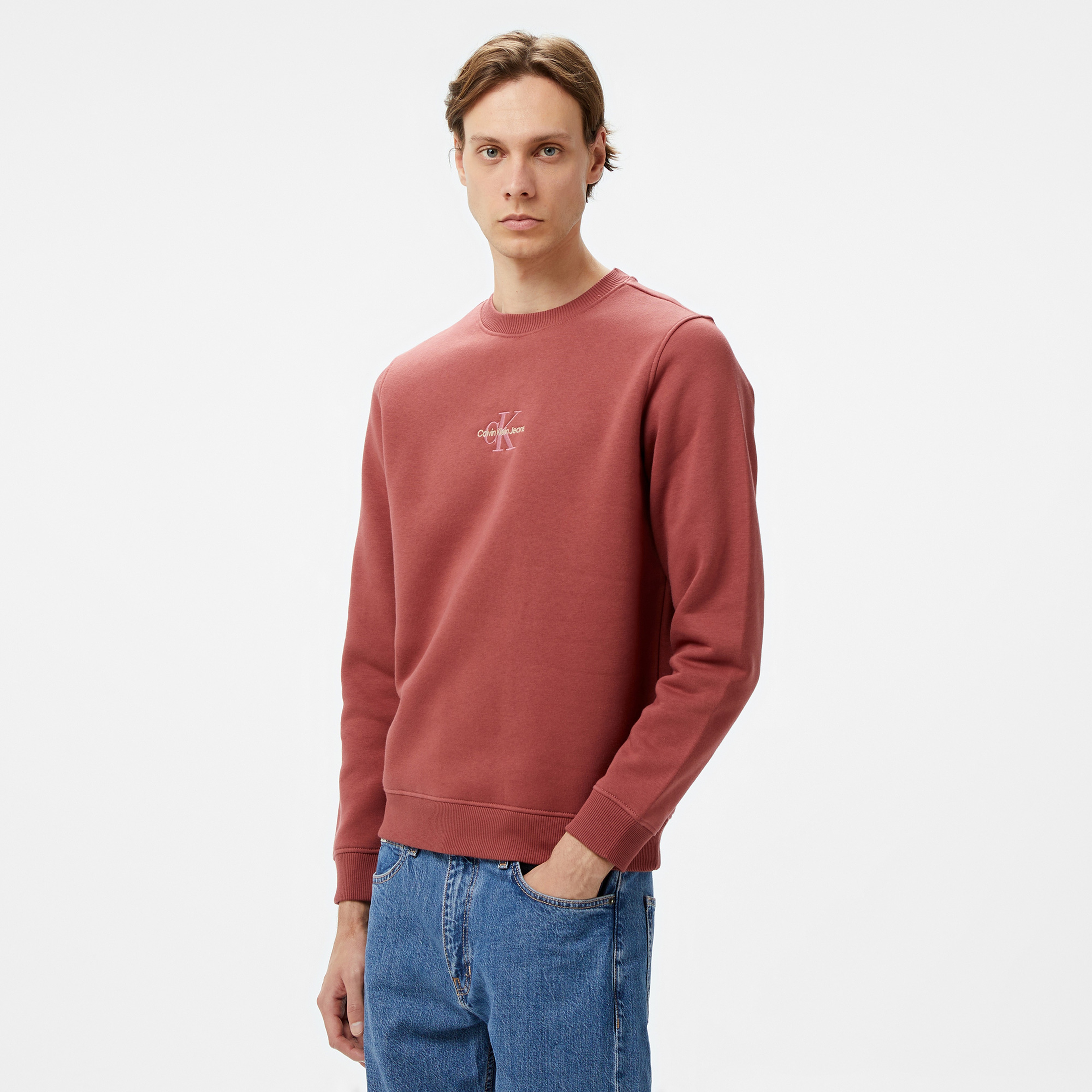 Calvin Klein Jeans Monologo Crew Neck Erkek Bordo Sweatshirt