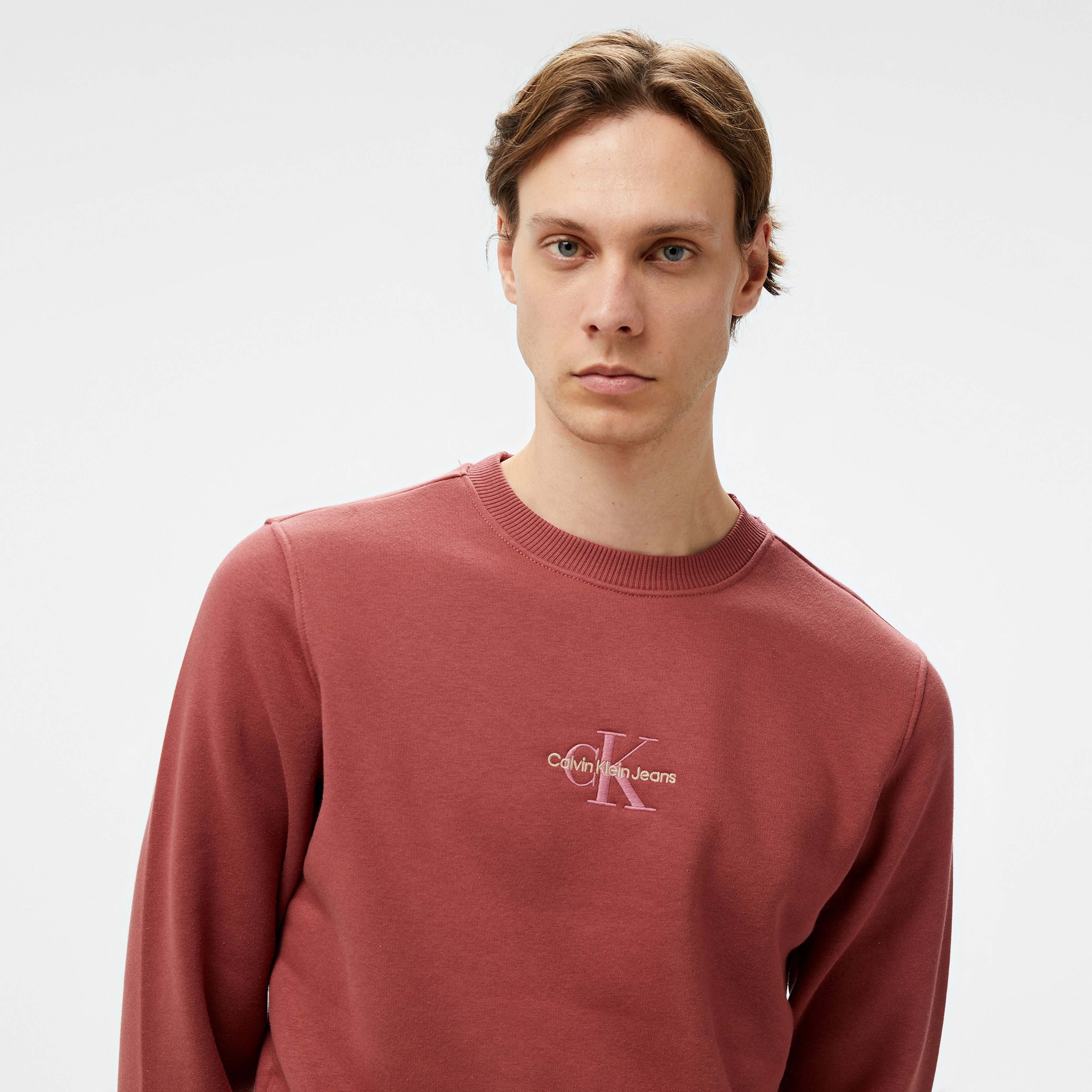 Calvin Klein Jeans Monologo Crew Neck Erkek Bordo Sweatshirt