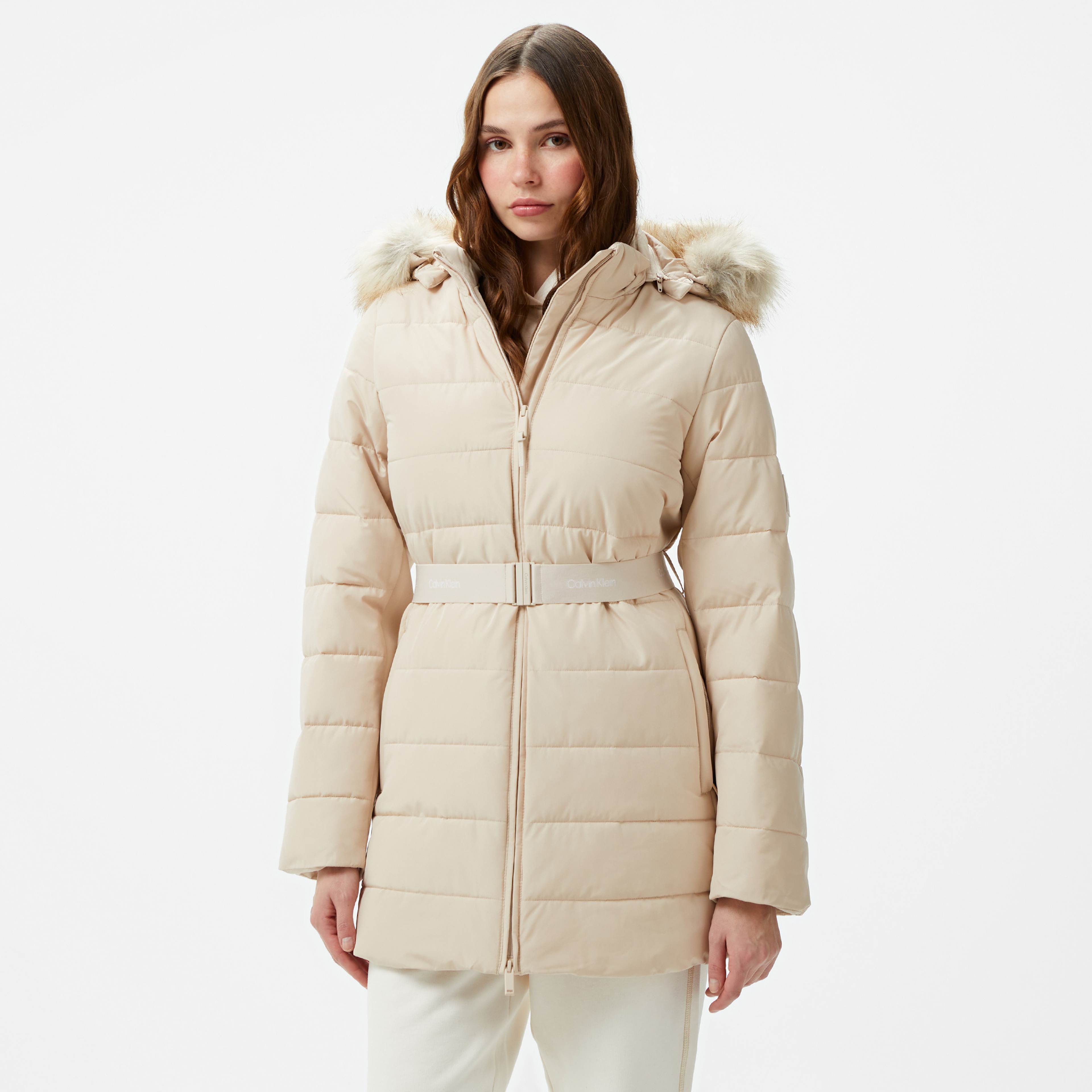 Calvin Klein Padded Scuba Belted Kadın Krem Mont