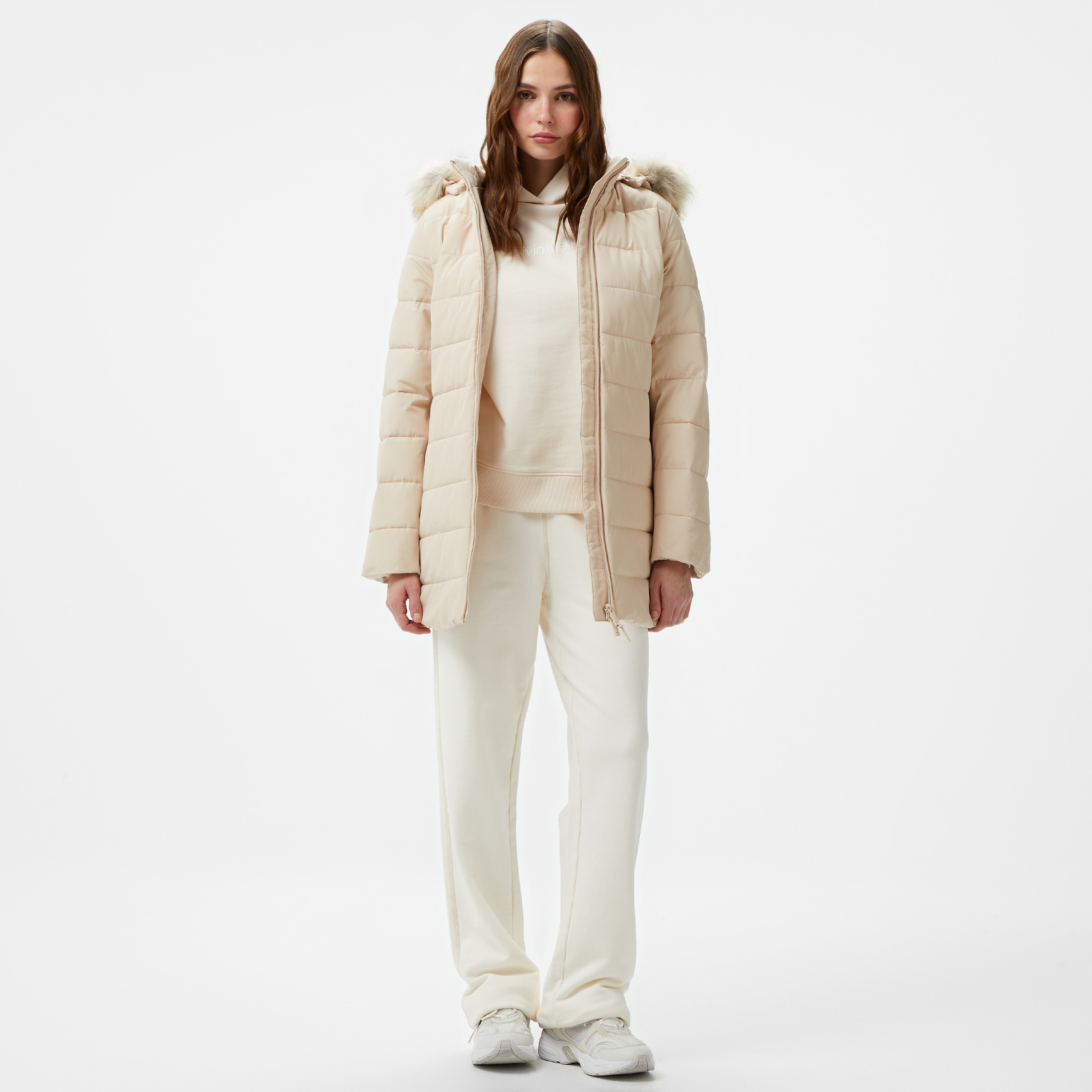 Calvin Klein Padded Scuba Belted Kadın Krem Mont