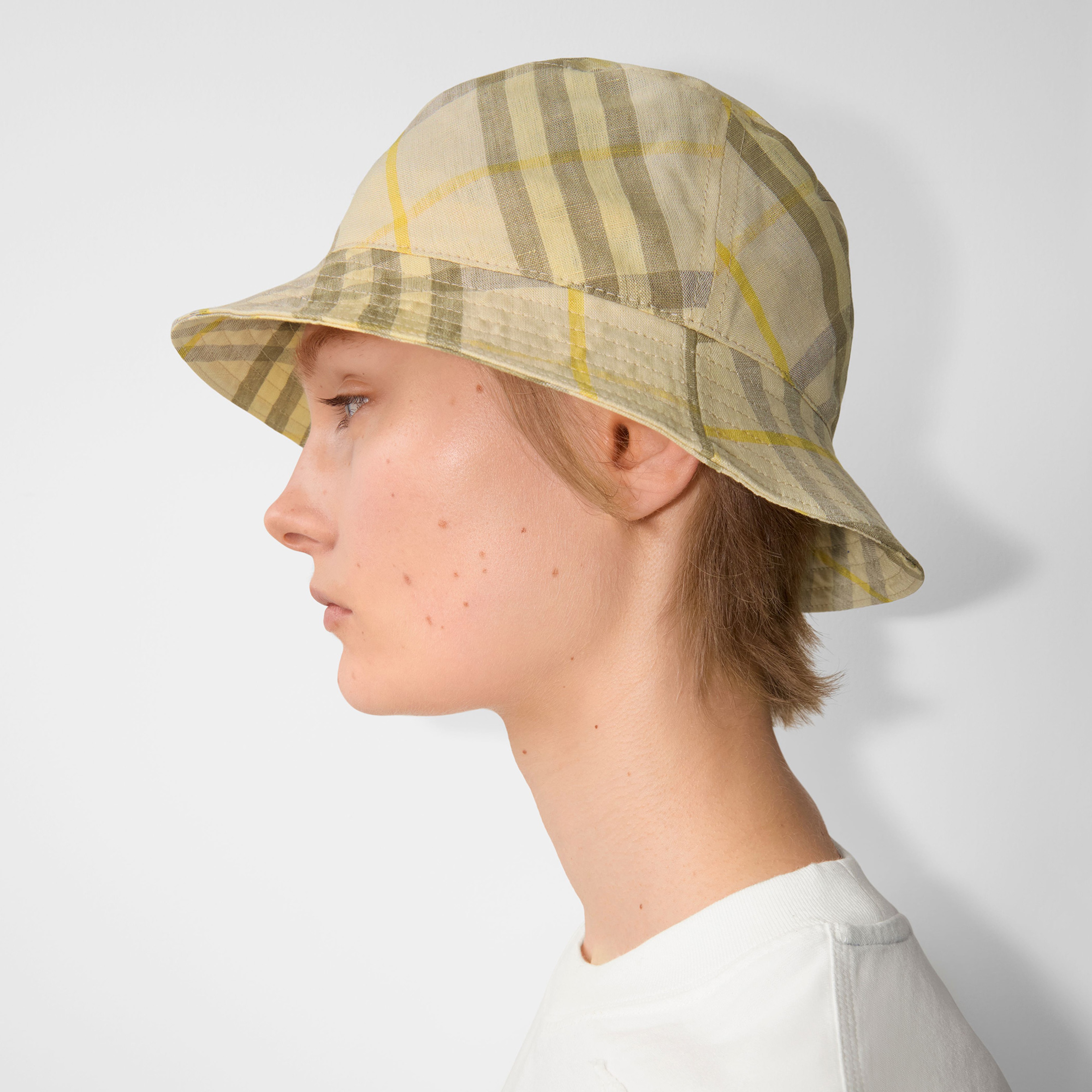 Burberry Check Linen Bucket Erkek Krem Rengi Şapka