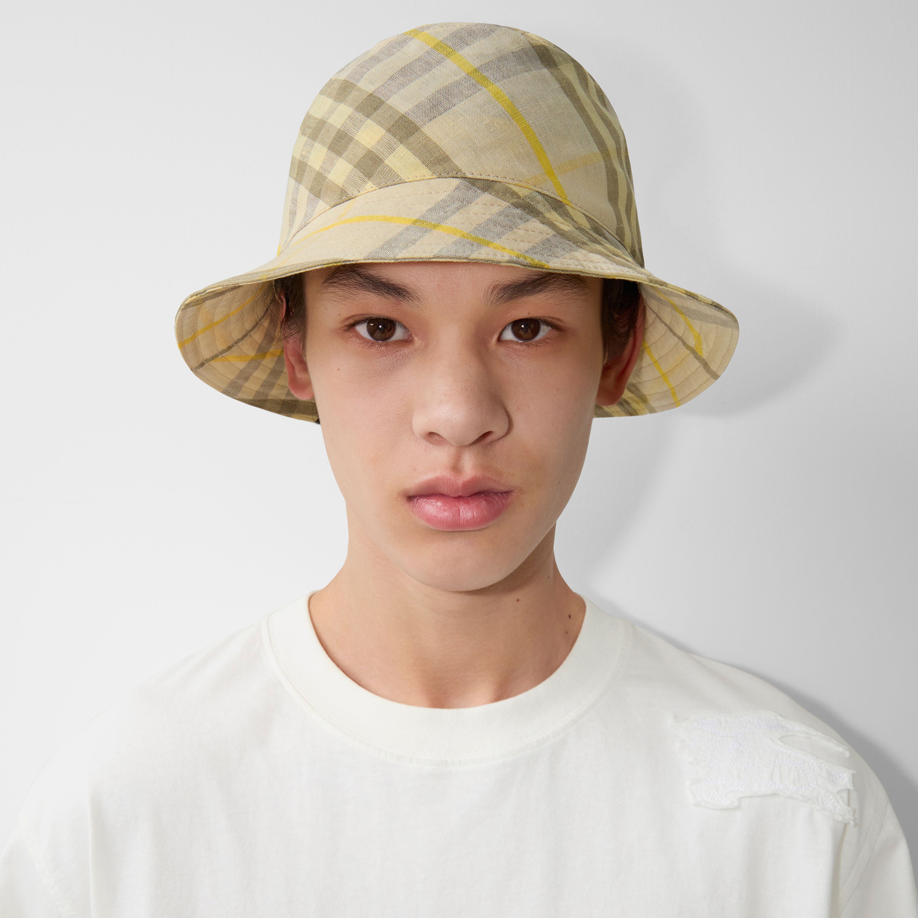 Burberry Check Linen Bucket Erkek Krem Rengi Şapka