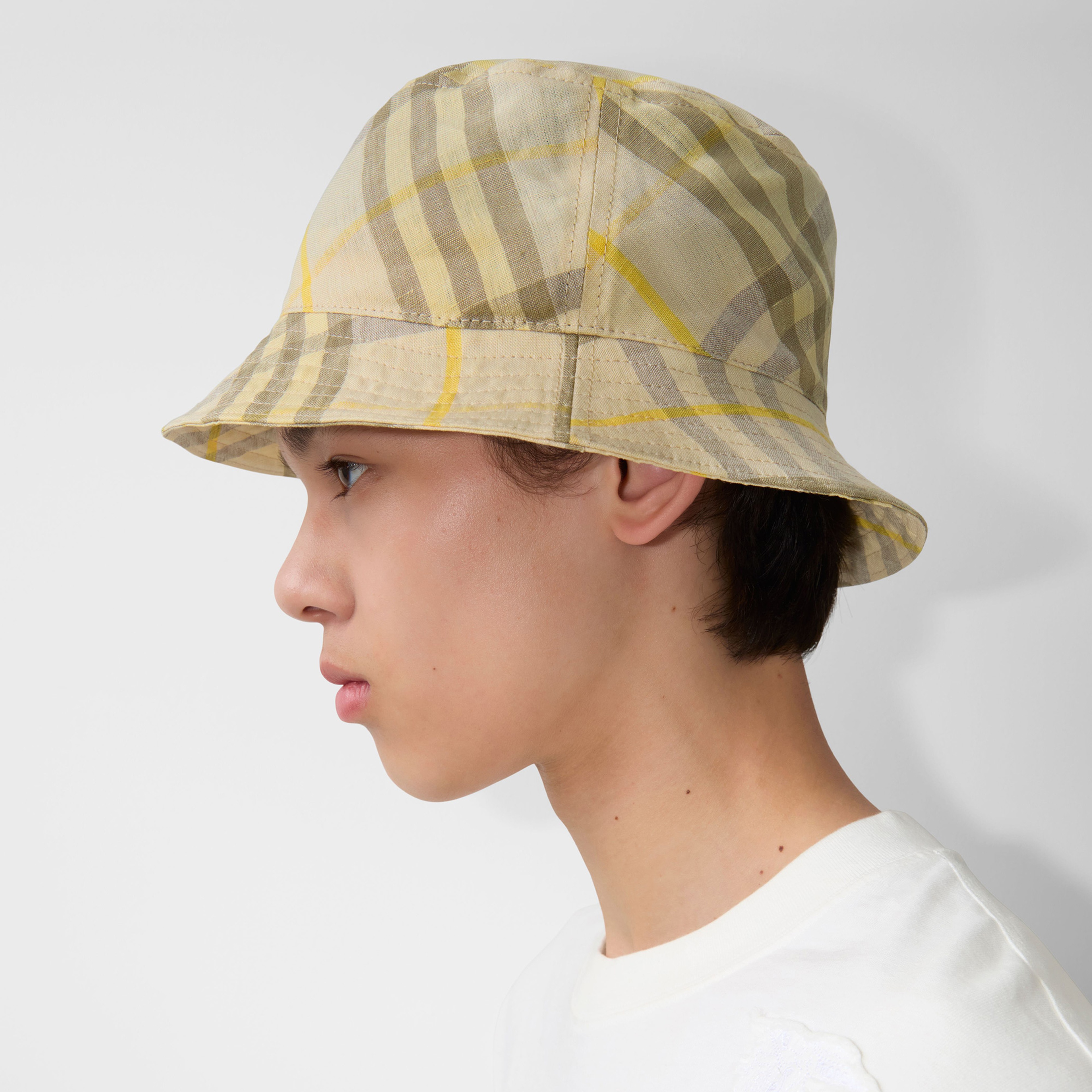 Burberry Check Linen Bucket Erkek Krem Rengi Şapka
