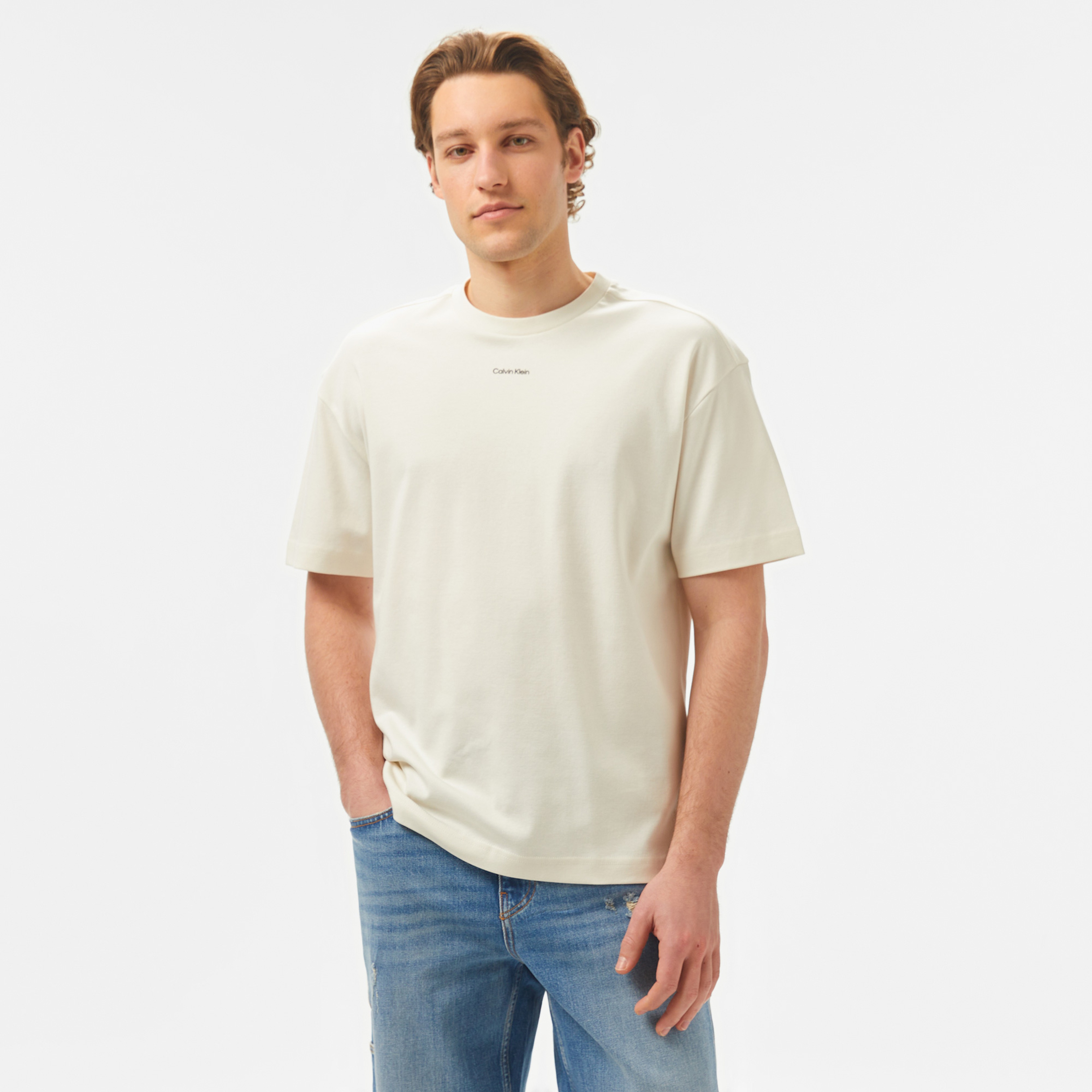 Calvin Klein Nano Logo Interlock Erkek Beyaz T-Shirt