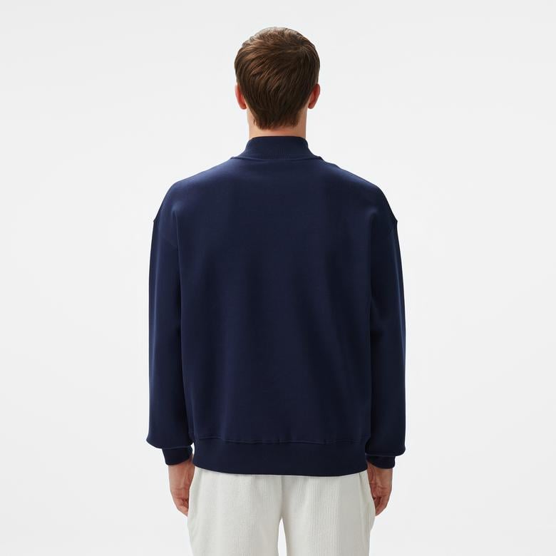 Erkek Loose Fit Yarım Fermuarlı Baskılı Lacivert Sweatshirt