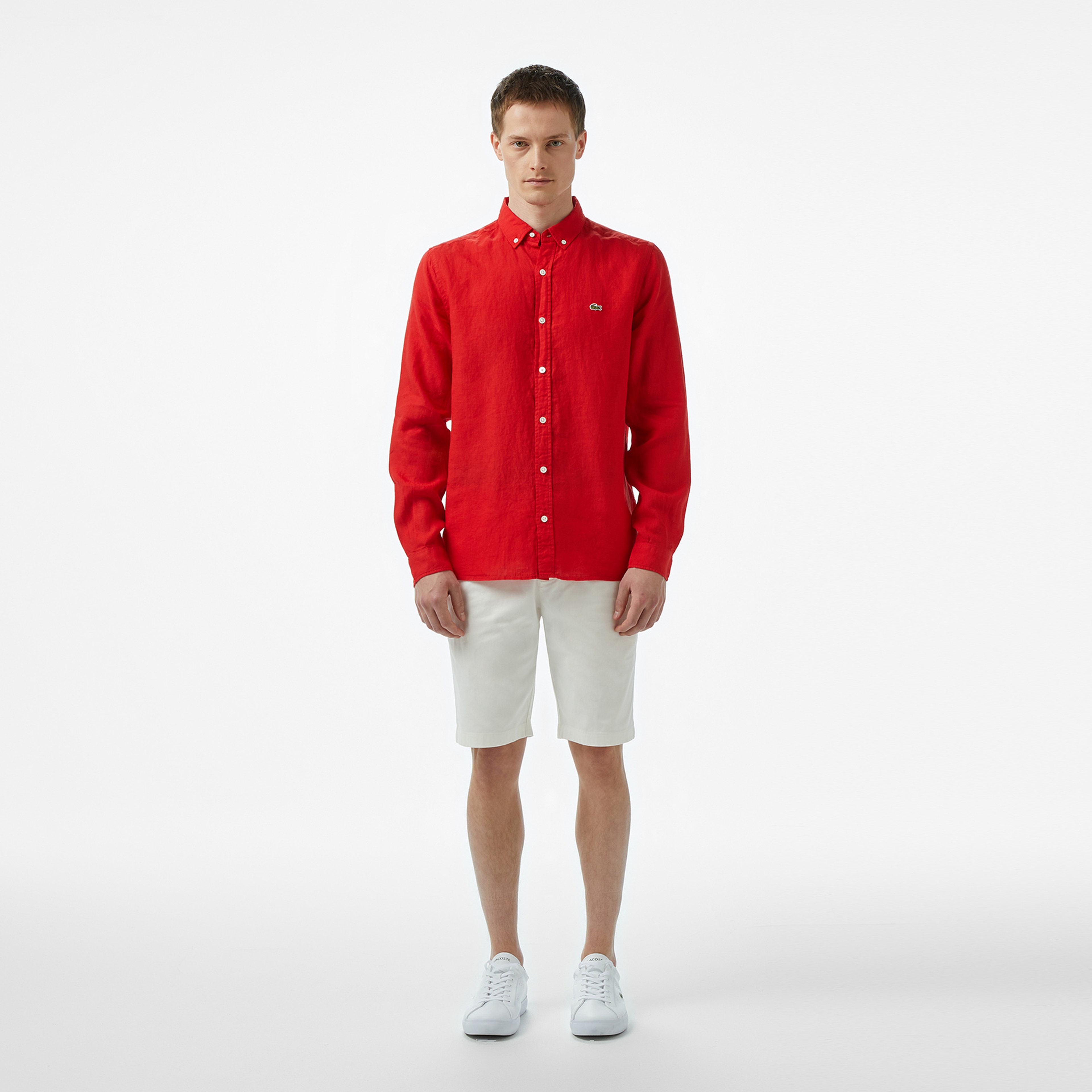 Erkek Regular Fit Düğmeli Yaka Keten Kırmızı Gömlek