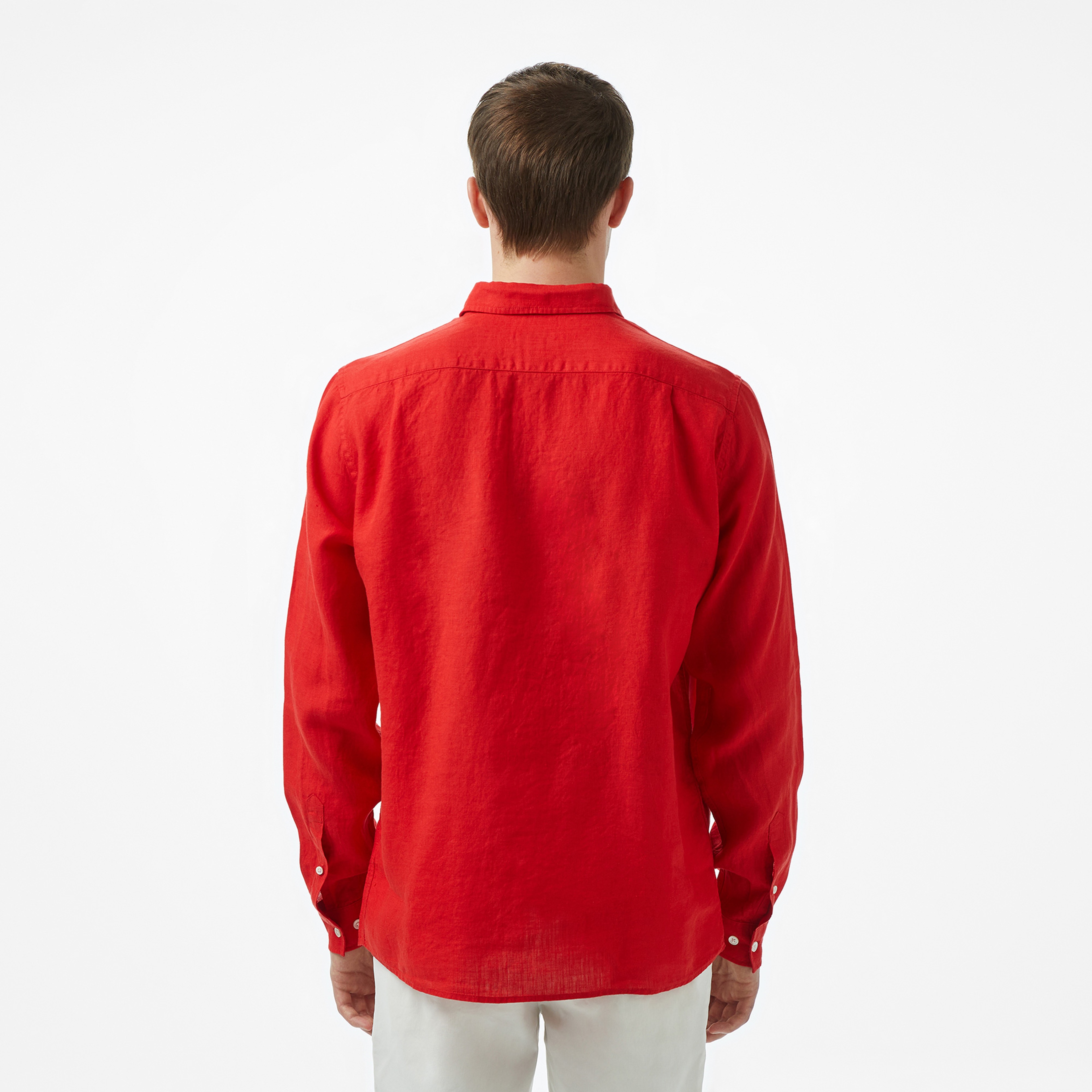 Erkek Regular Fit Düğmeli Yaka Keten Kırmızı Gömlek
