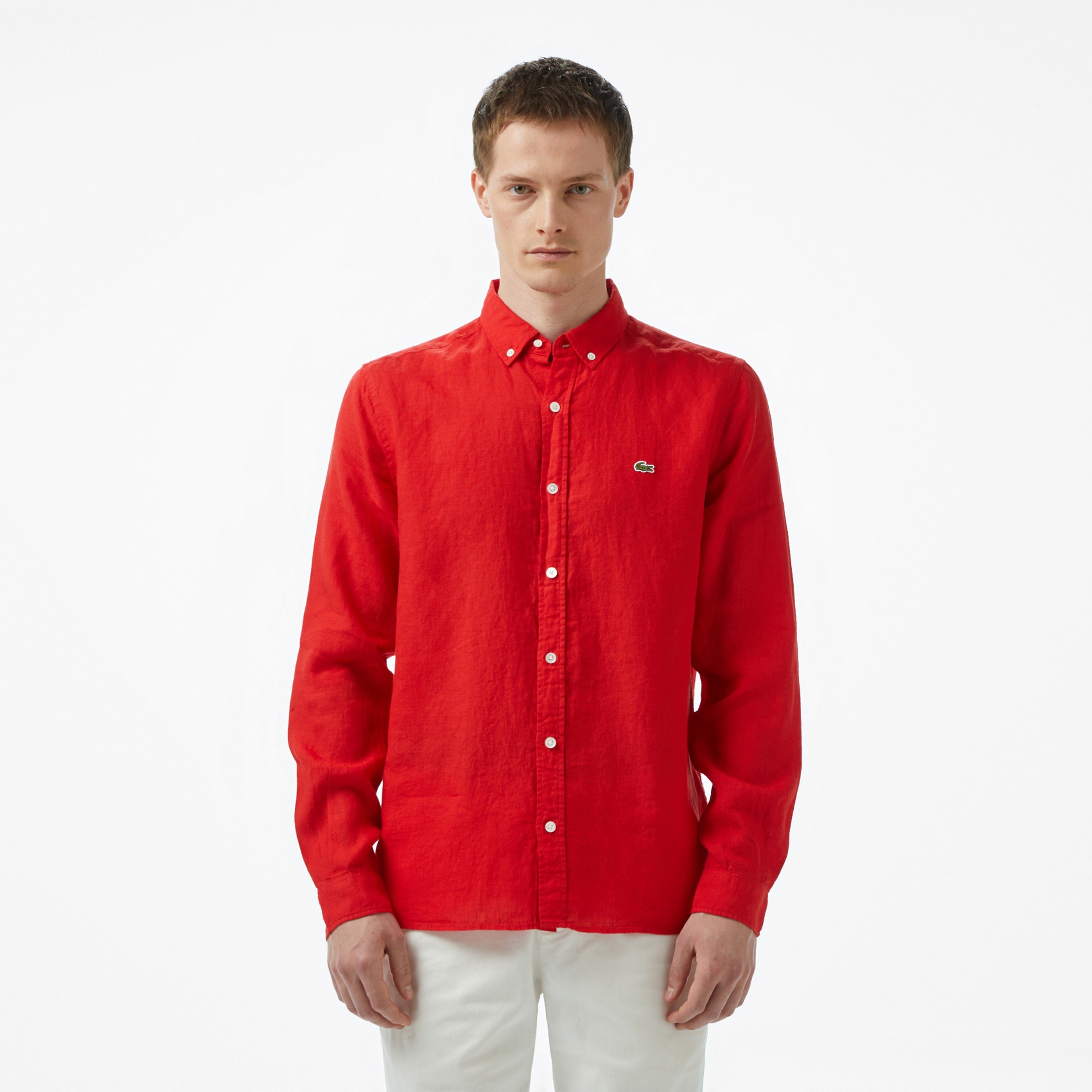 Erkek Regular Fit Düğmeli Yaka Keten Kırmızı Gömlek