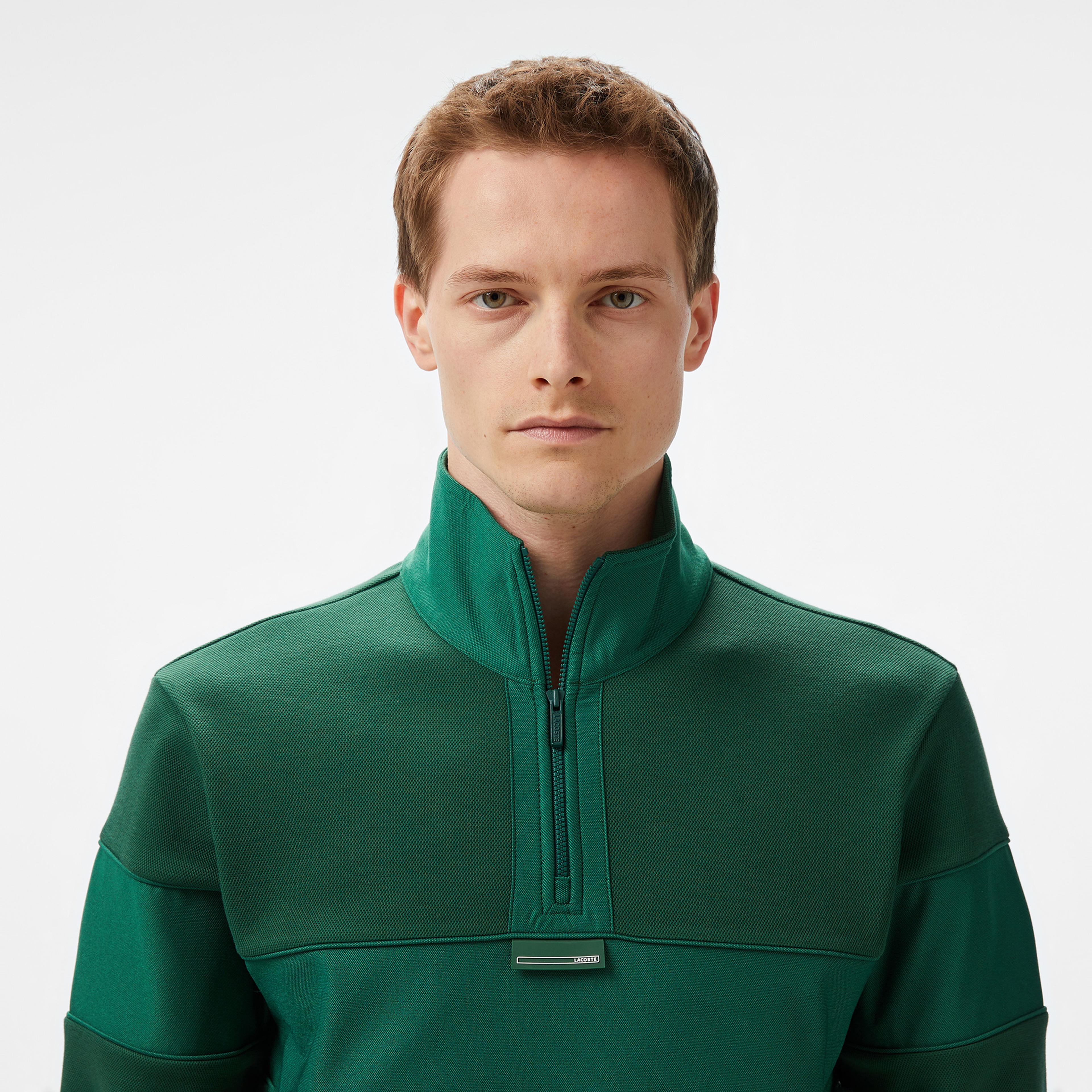 Erkek Classic Fit Yarım Fermuarlı Renk Bloklu Koyu Yeşil Sweatshirt