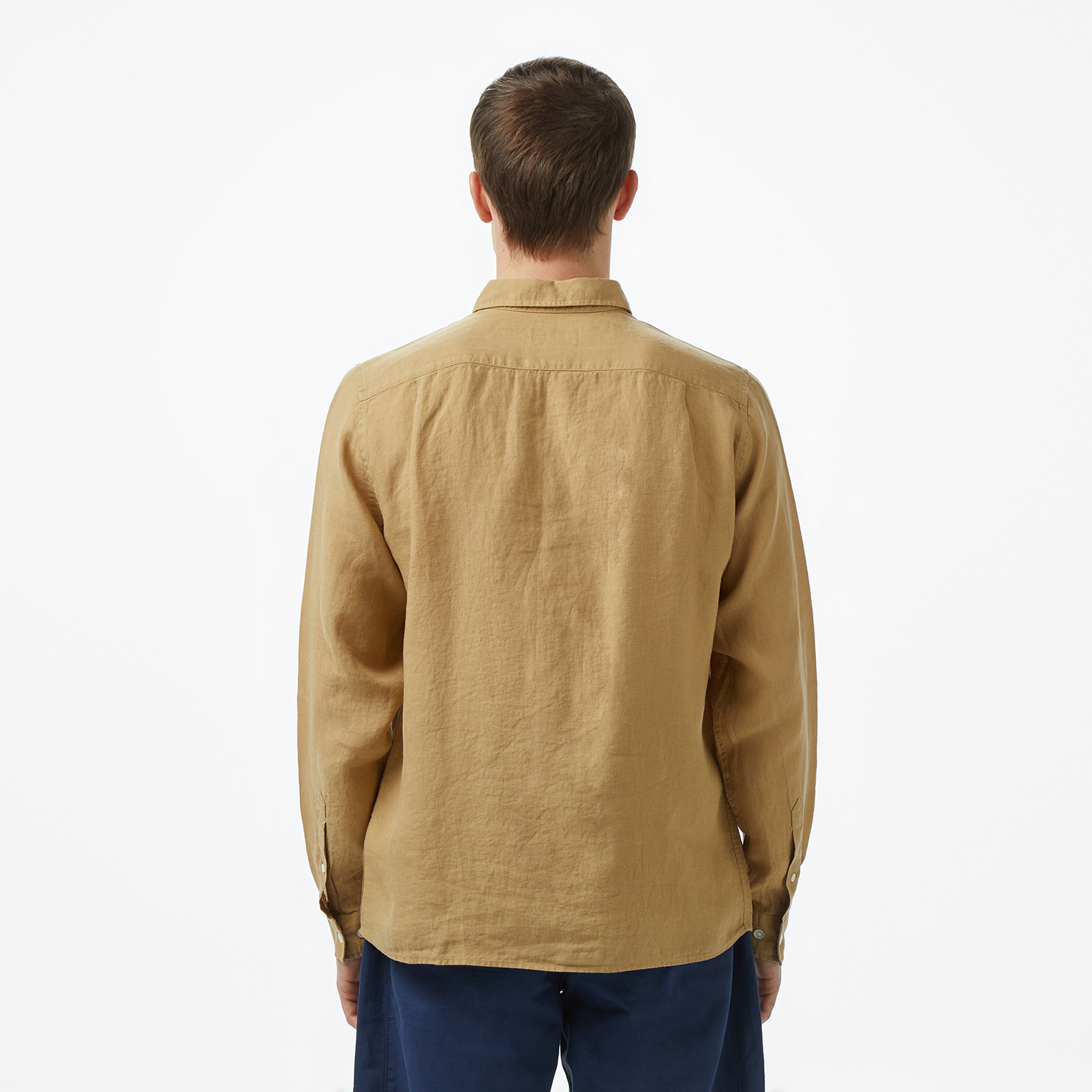 Erkek Regular Fit Düğmeli Yaka Keten Bej Gömlek