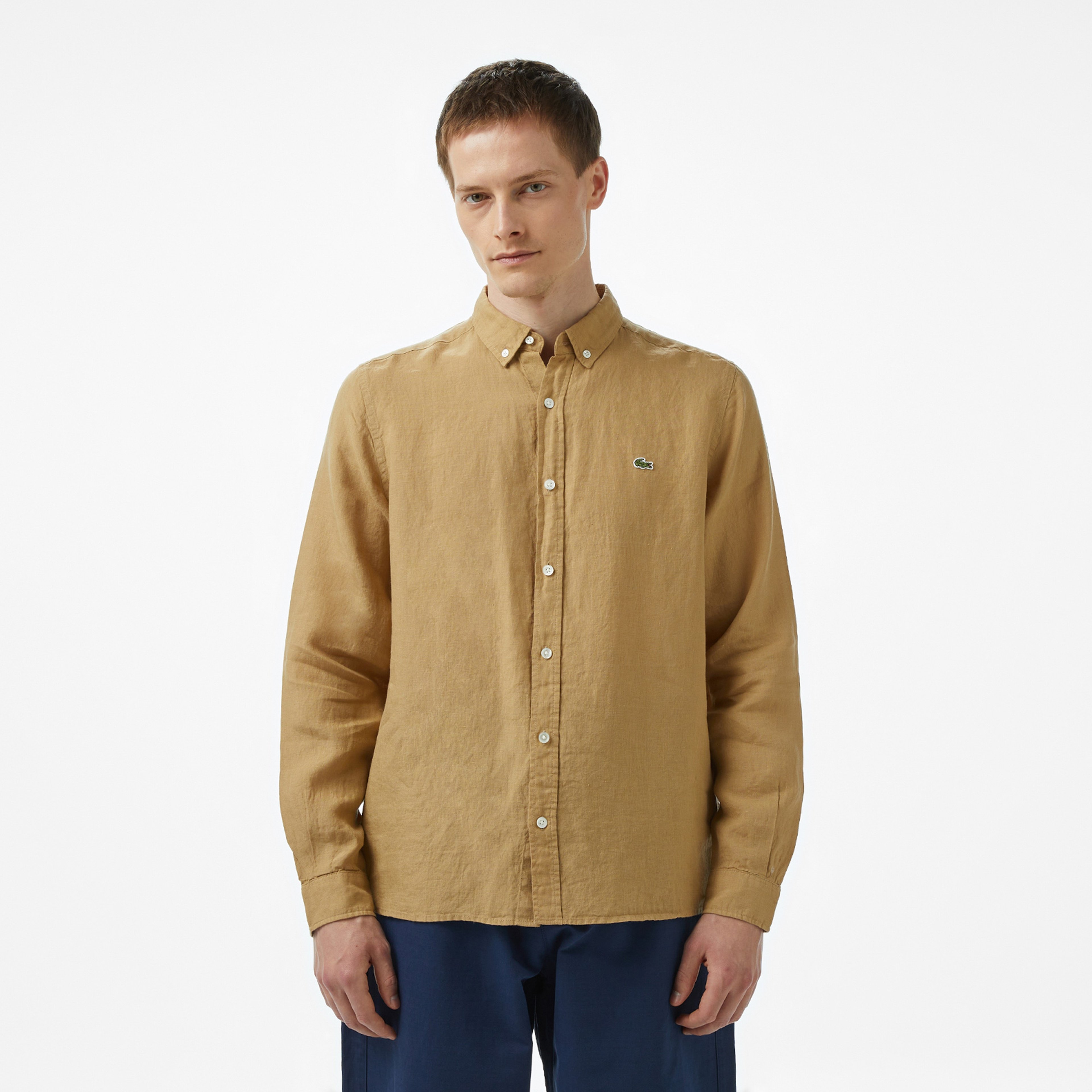 Erkek Regular Fit Düğmeli Yaka Keten Bej Gömlek