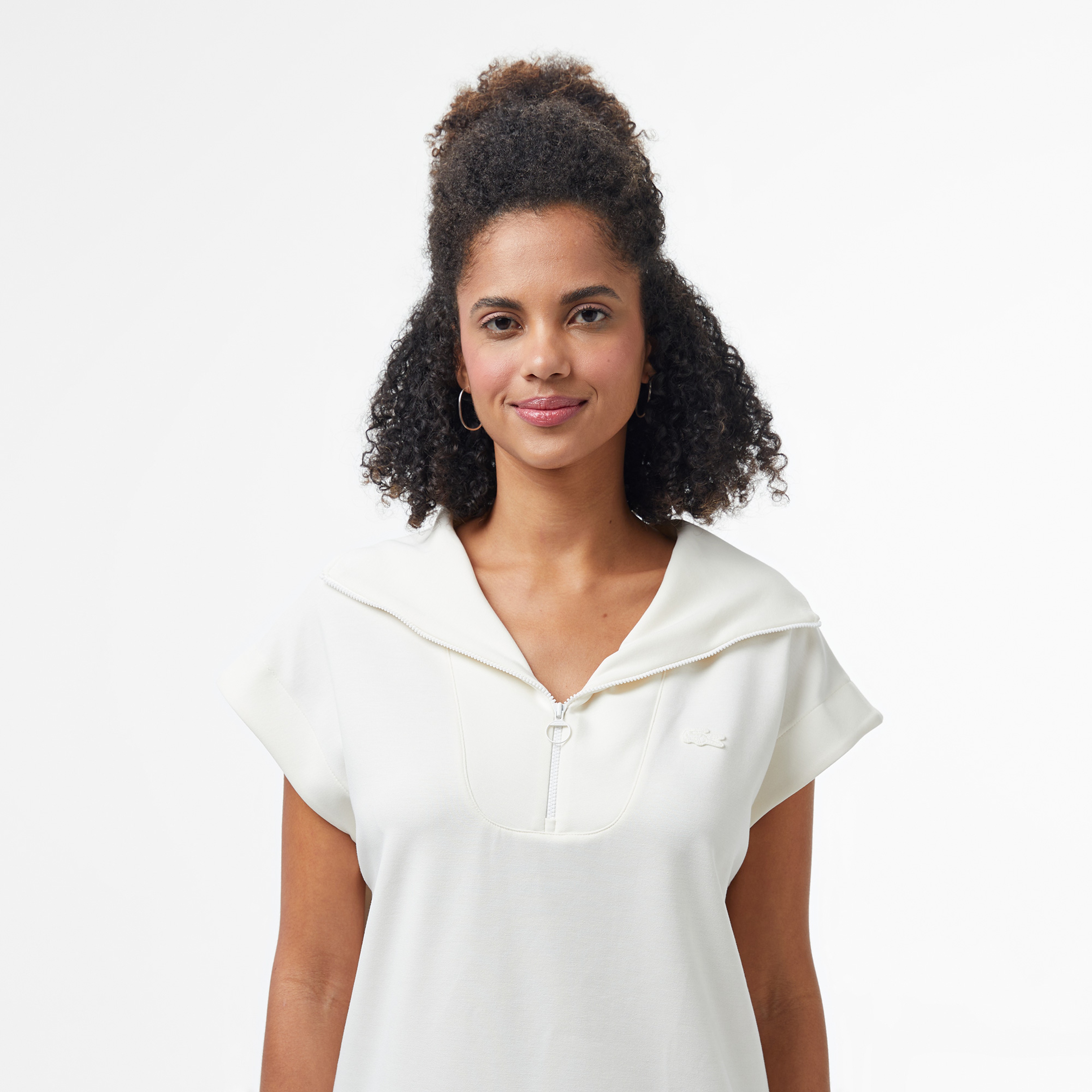 Kadın Kısa Kollu Yarım Fermuarlı Beyaz Sweatshirt