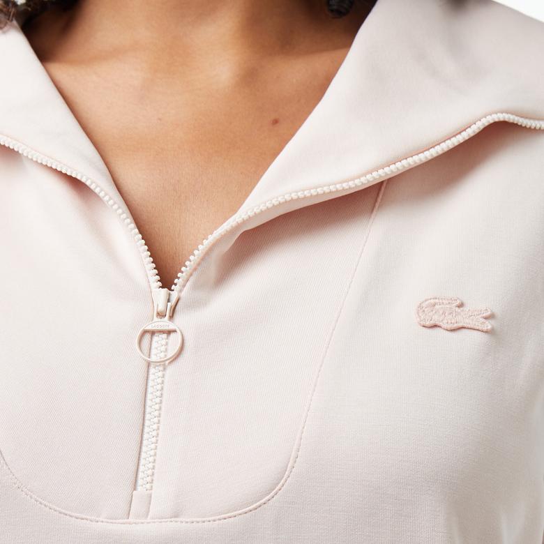 Kadın Kısa Kollu Yarım Fermuarlı Açık Pembe Sweatshirt