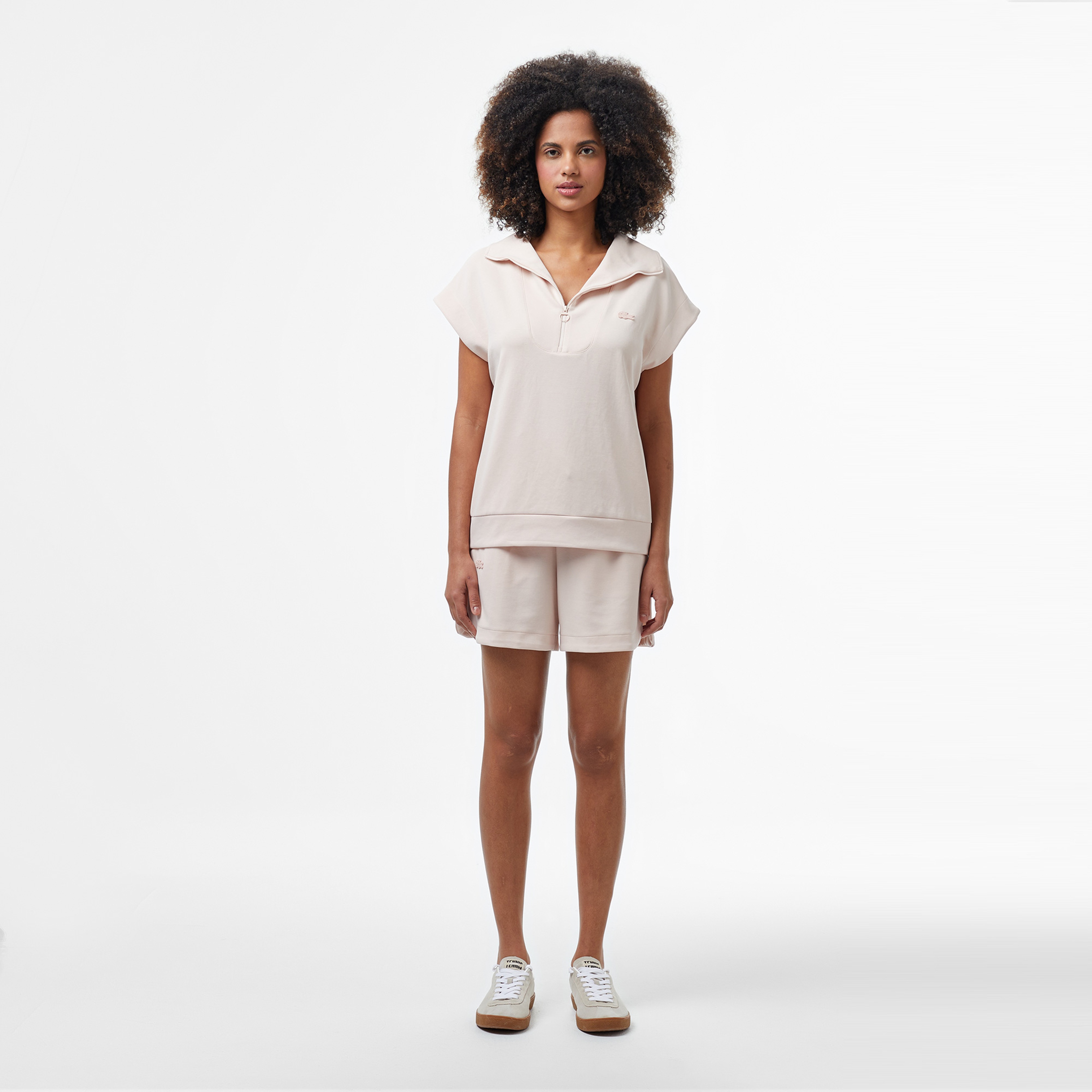 Kadın Kısa Kollu Yarım Fermuarlı Açık Pembe Sweatshirt