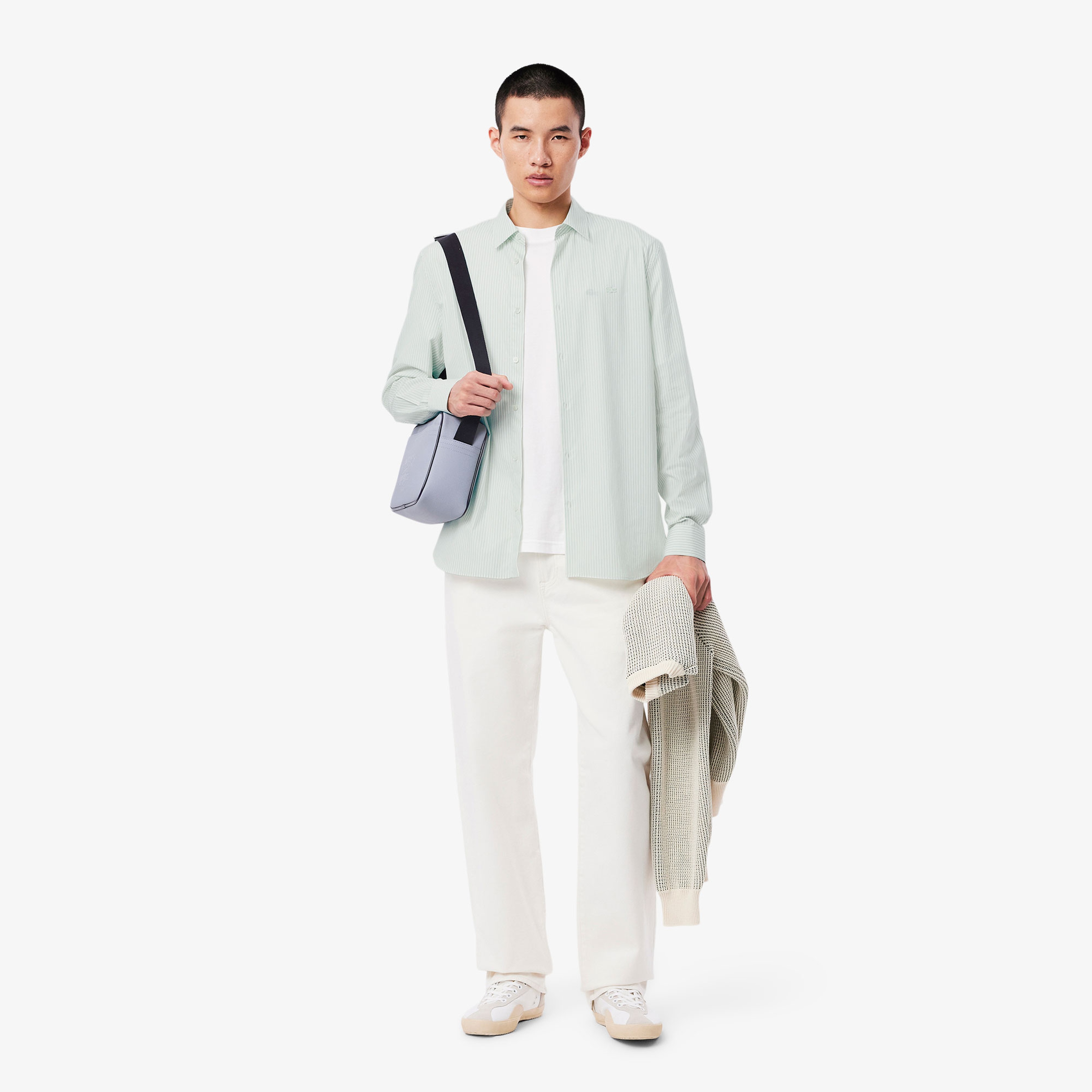 Erkek Regular Fit Çizgili Açık Yeşil Gömlek