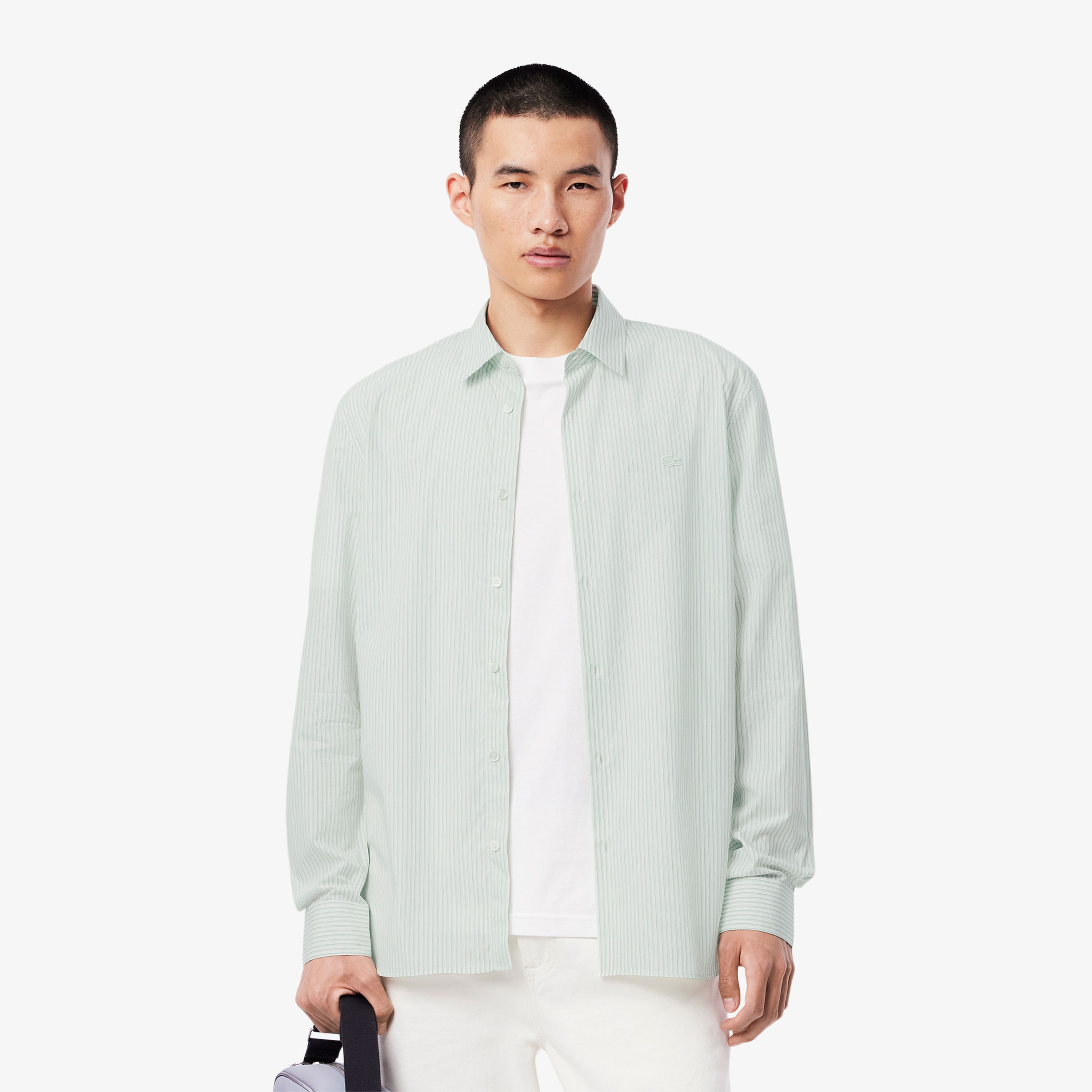 Erkek Regular Fit Çizgili Açık Yeşil Gömlek