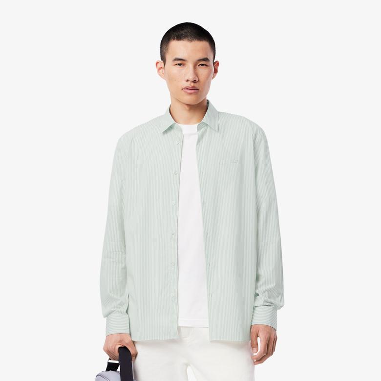 Erkek Regular Fit Çizgili Açık Yeşil Gömlek