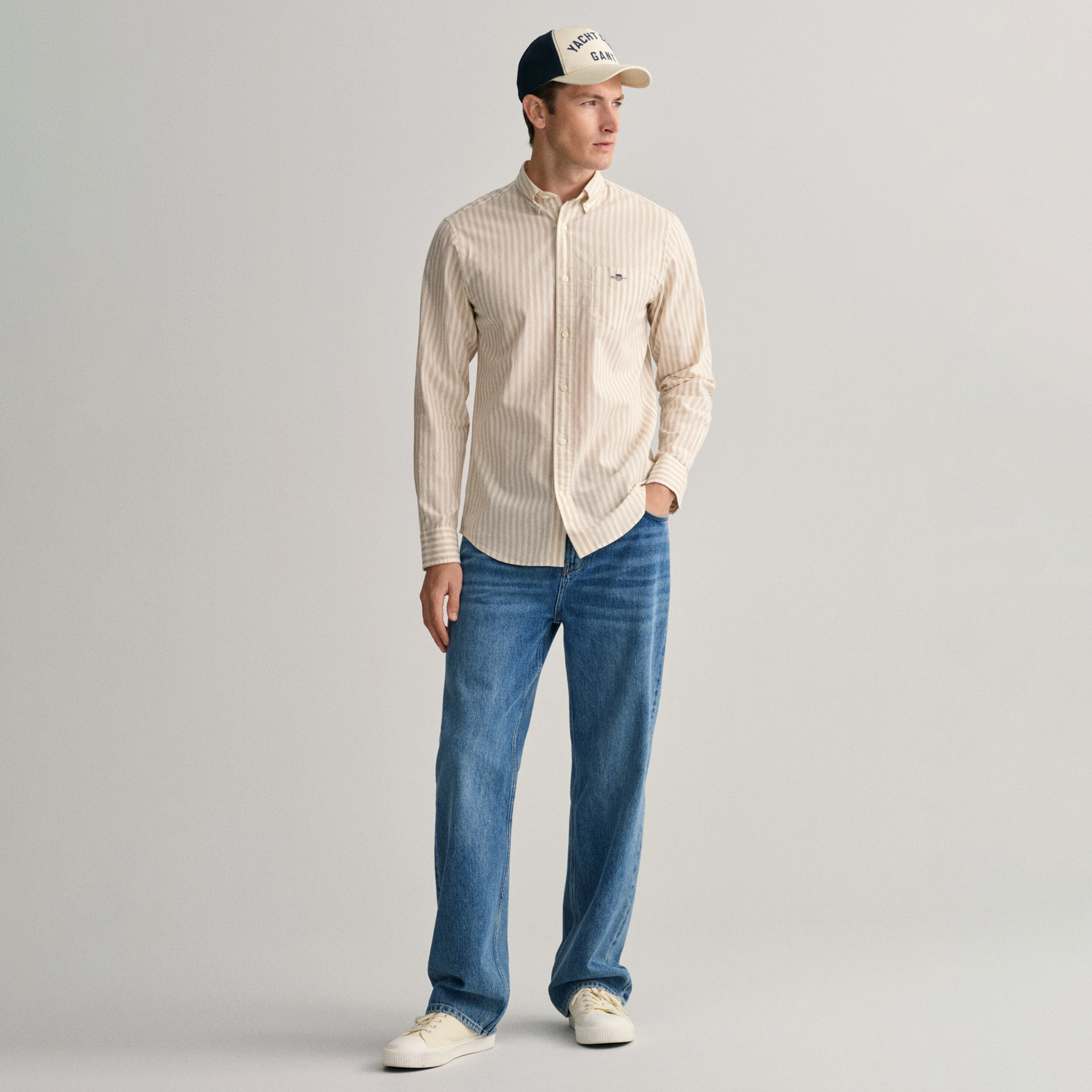 GANT Erkek Bej Regular Fit Düğmeli Yaka Çizgili Gömlek